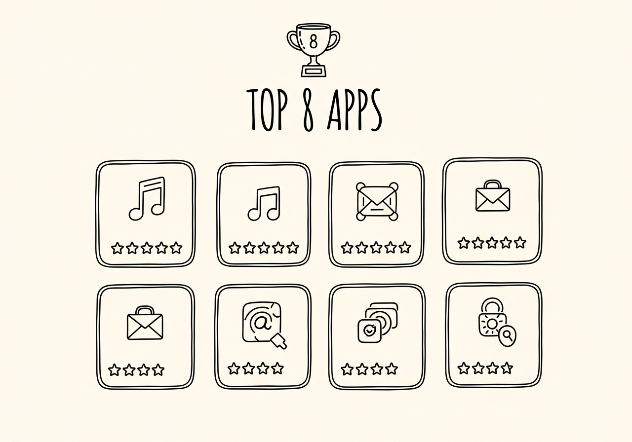 Doodle of eight ranked app cards with star ratings and a trophy, representing the top Shopify customization apps