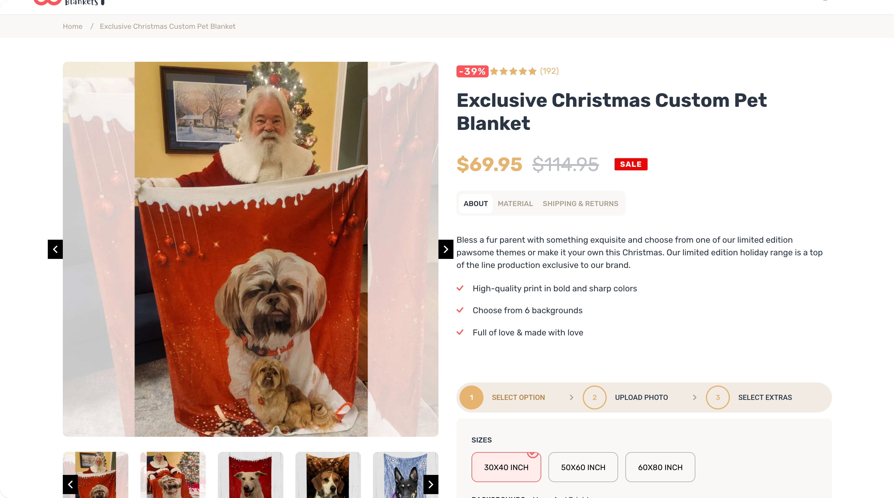 9. Woof Blankets β Custom pet photo blankets with memorial focus - Custom blanket product page on Shopify