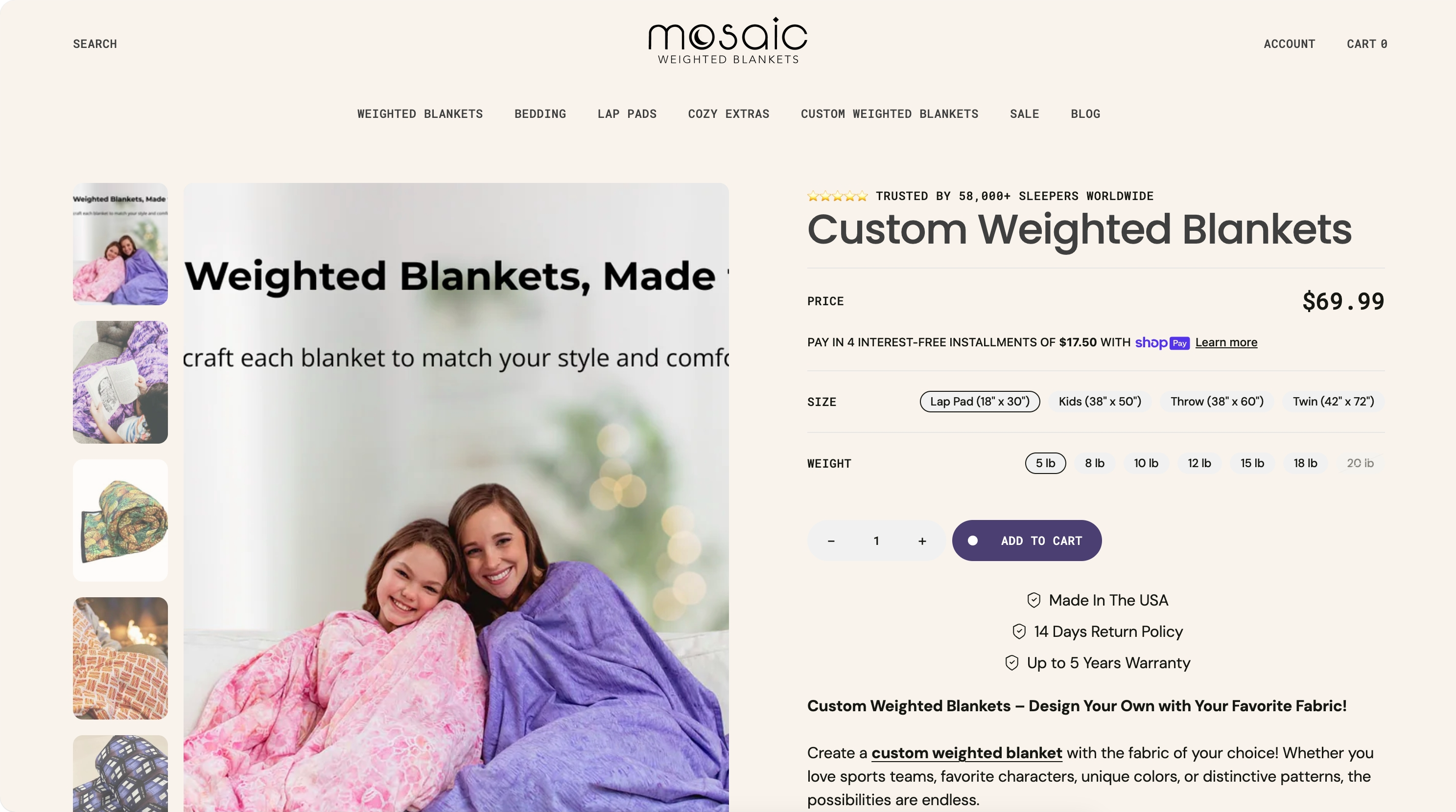17. Mosaic Weighted Blankets β Custom-sized weighted blankets for every body - Custom blanket product page on Shopify