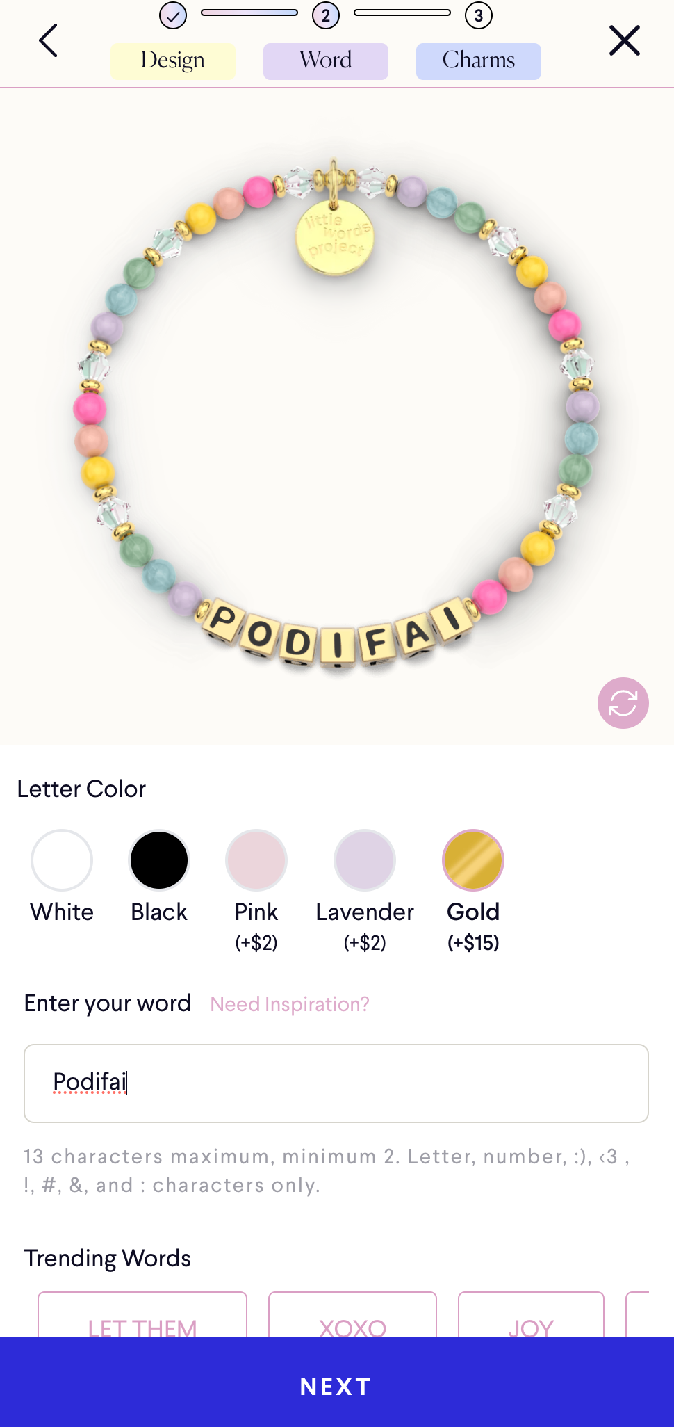 Little Words Project custom bracelet builder PDP (Mobile view)