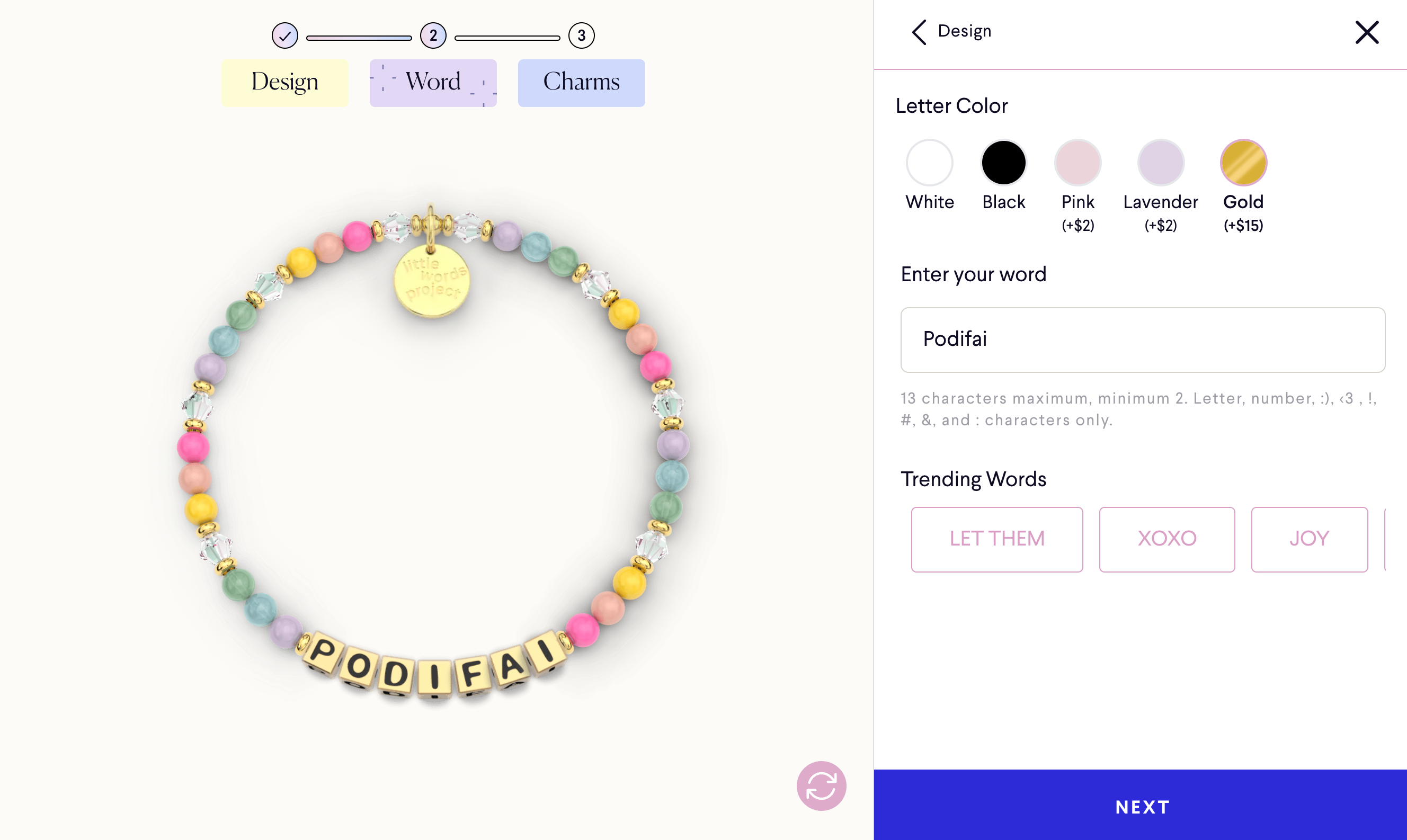 Little Words Project custom bracelet builder PDP (Web view)