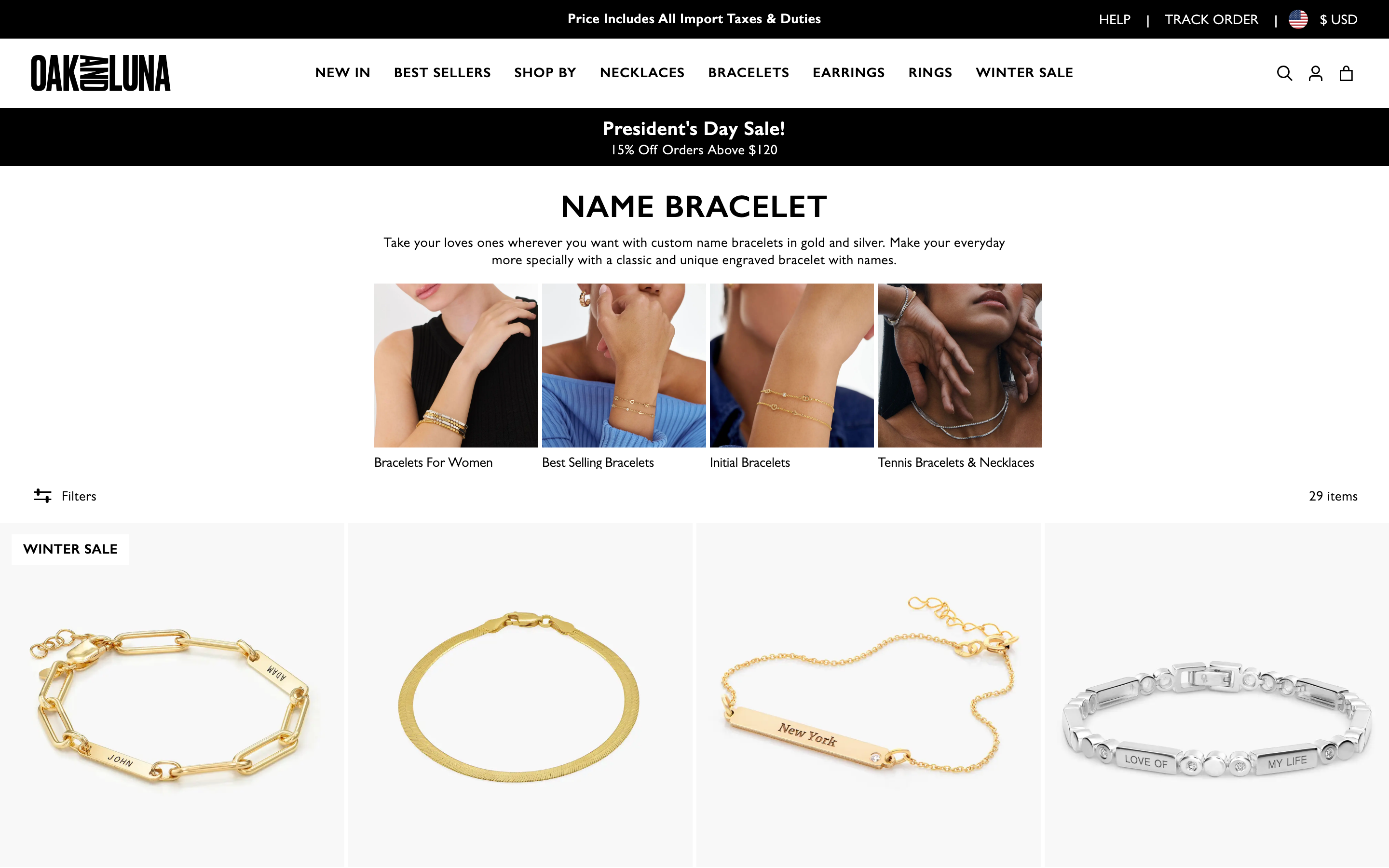 Oak & Luna collection page featuring custom bracelet