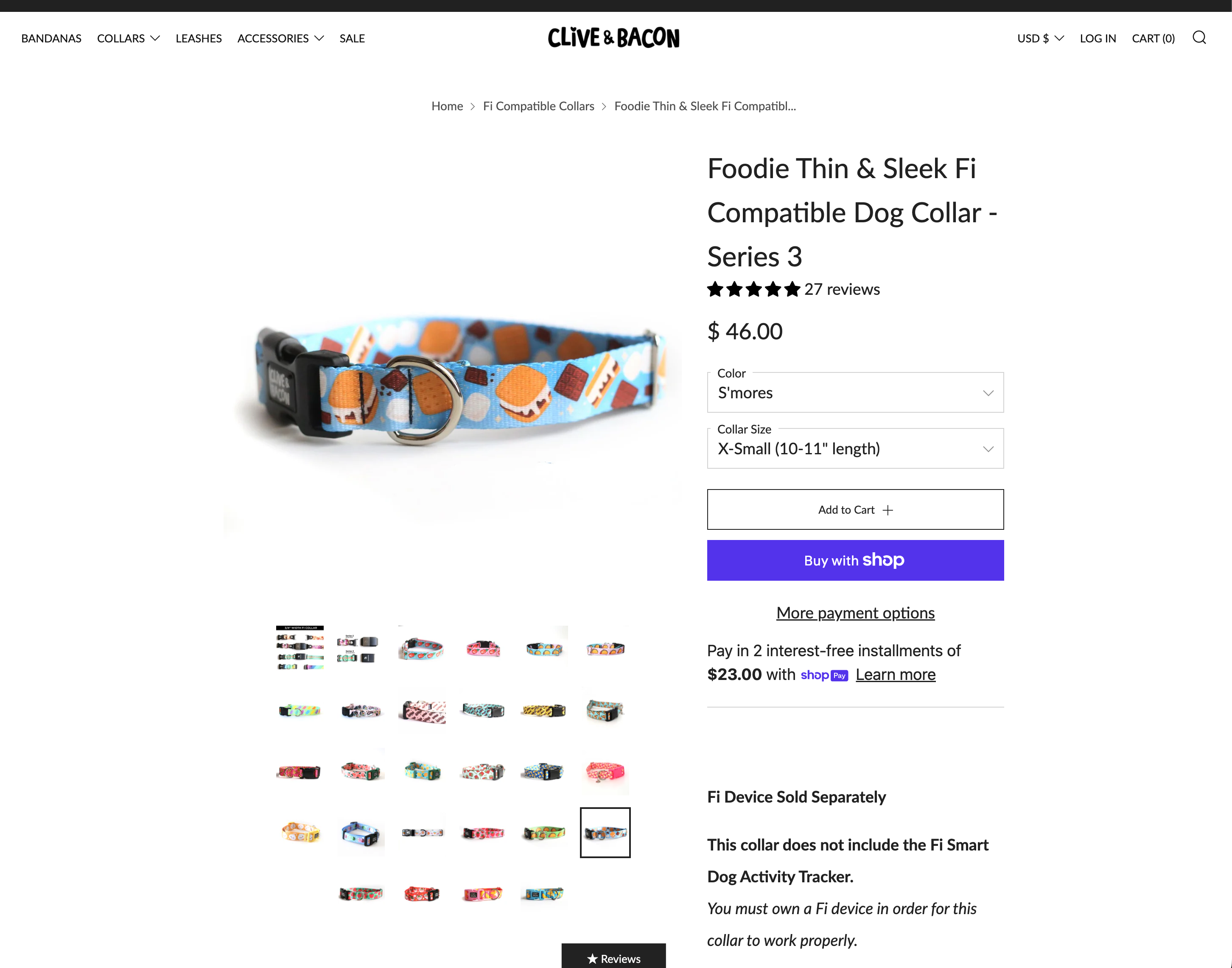 Clive and Bacon home page showing custom dog collars