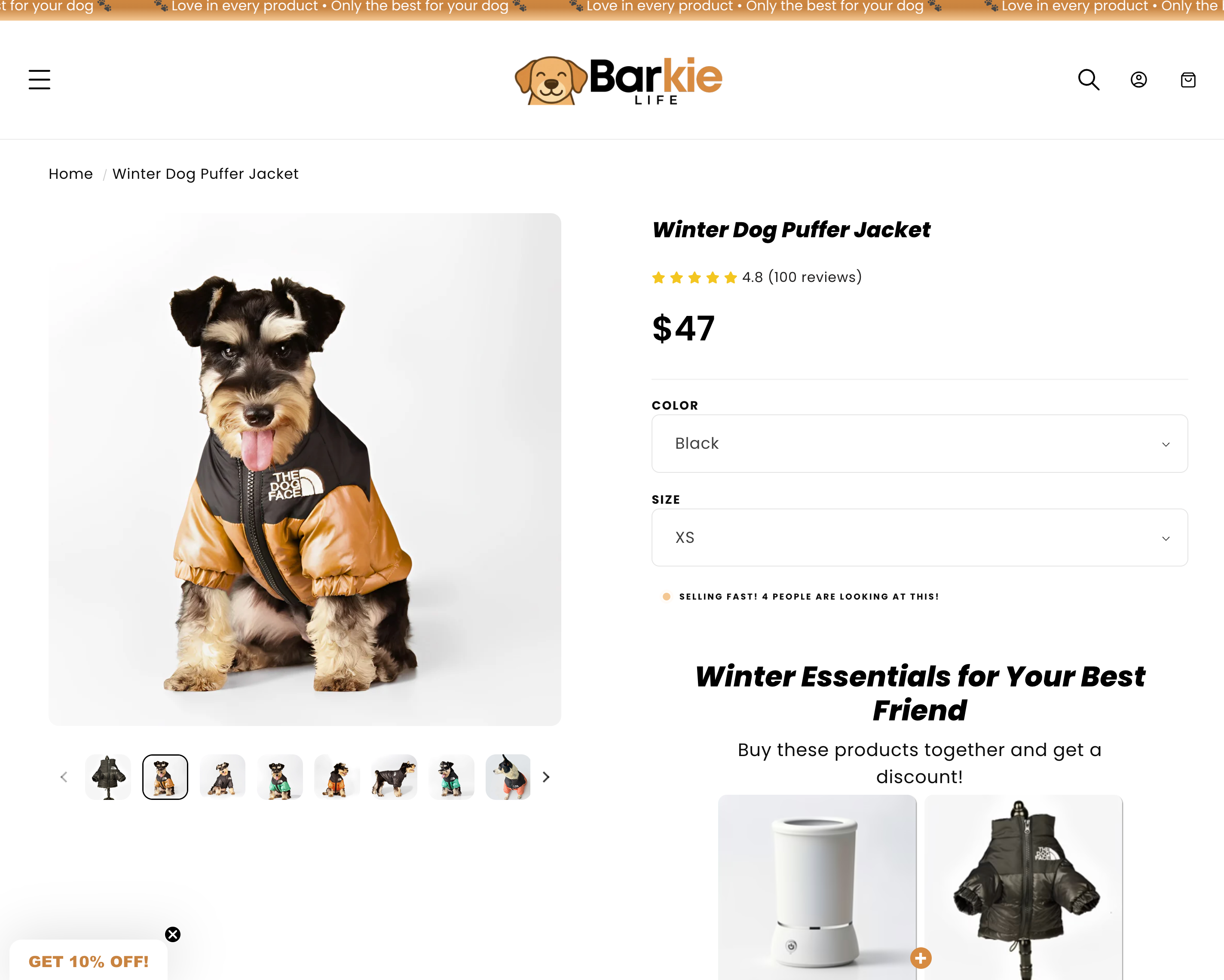 Barkie Life product page showing personalized dog puffer jacket