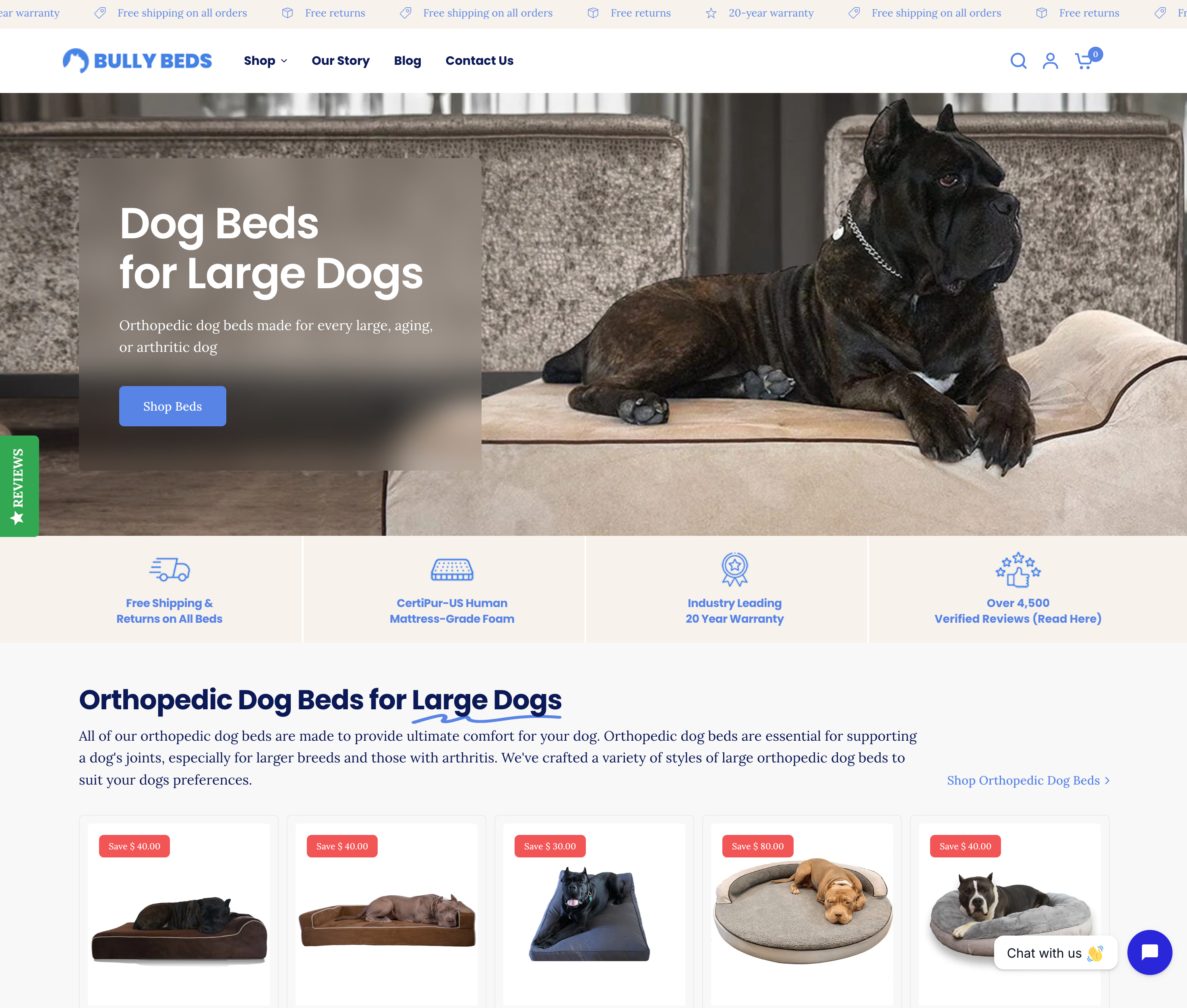 Bully Beds homepage showing custom dog beds with personalized options