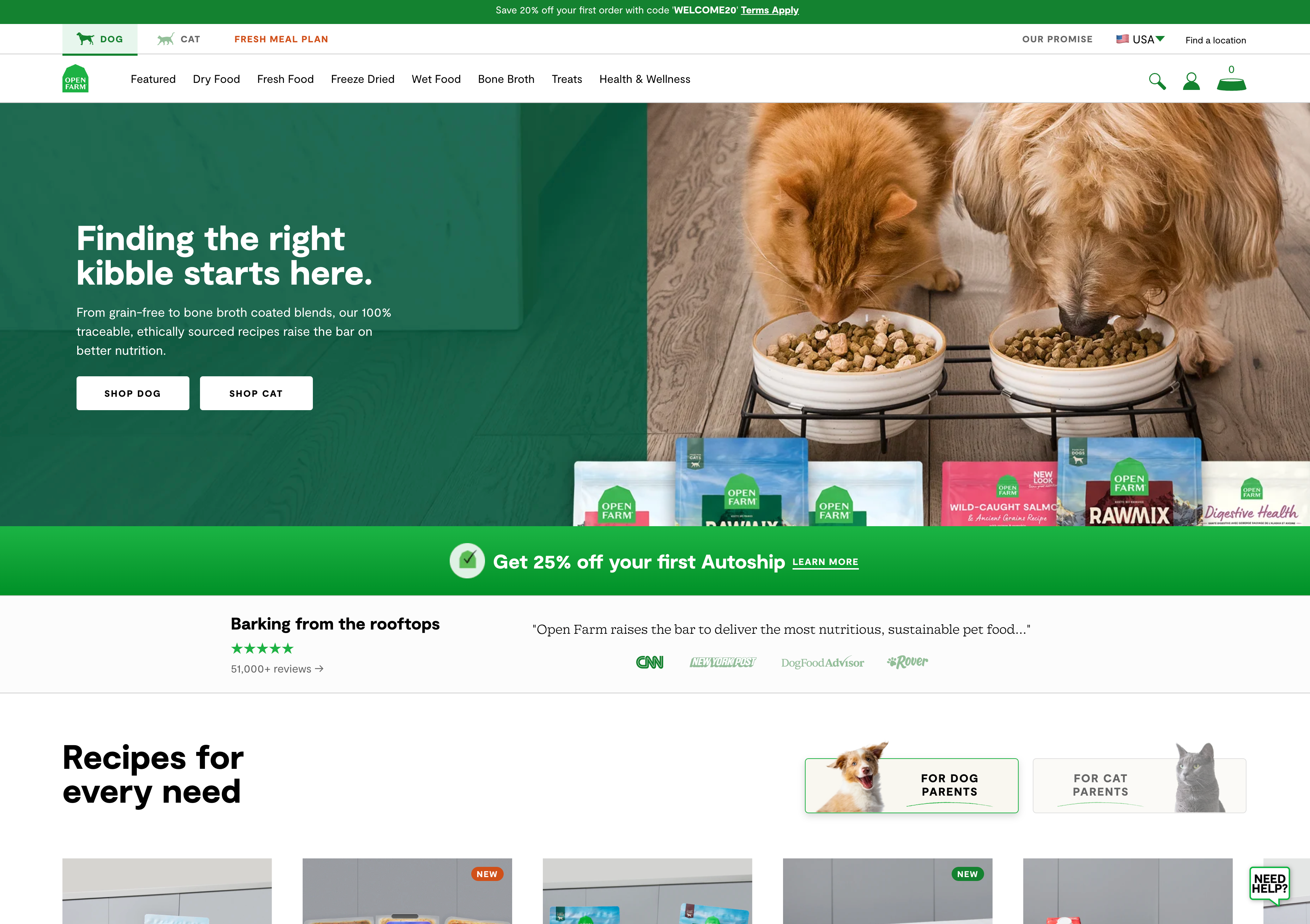 Open Farm homepage showing ethically sourced custom pet food