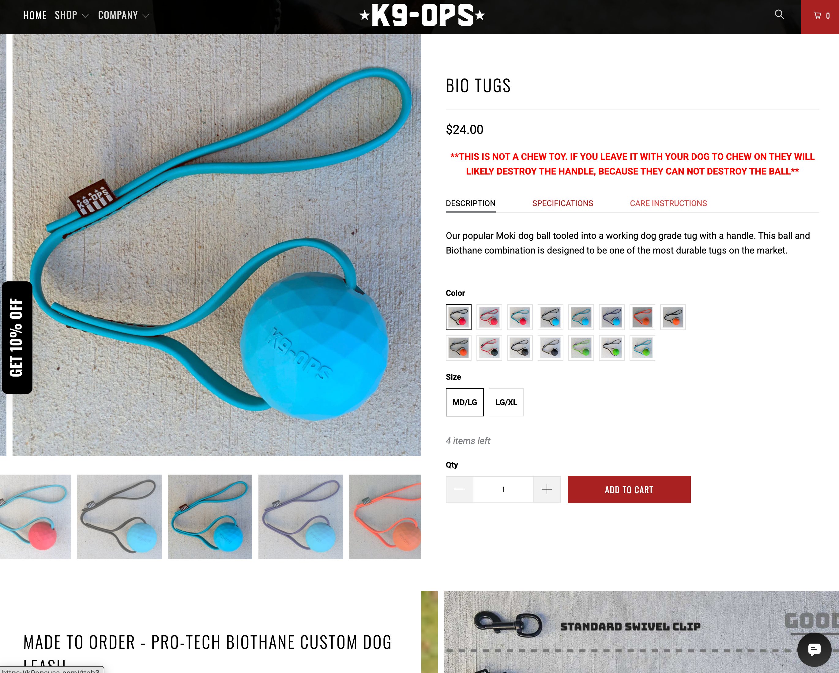 K9 Ops USA product page showing custom tactical dog leashes and collars