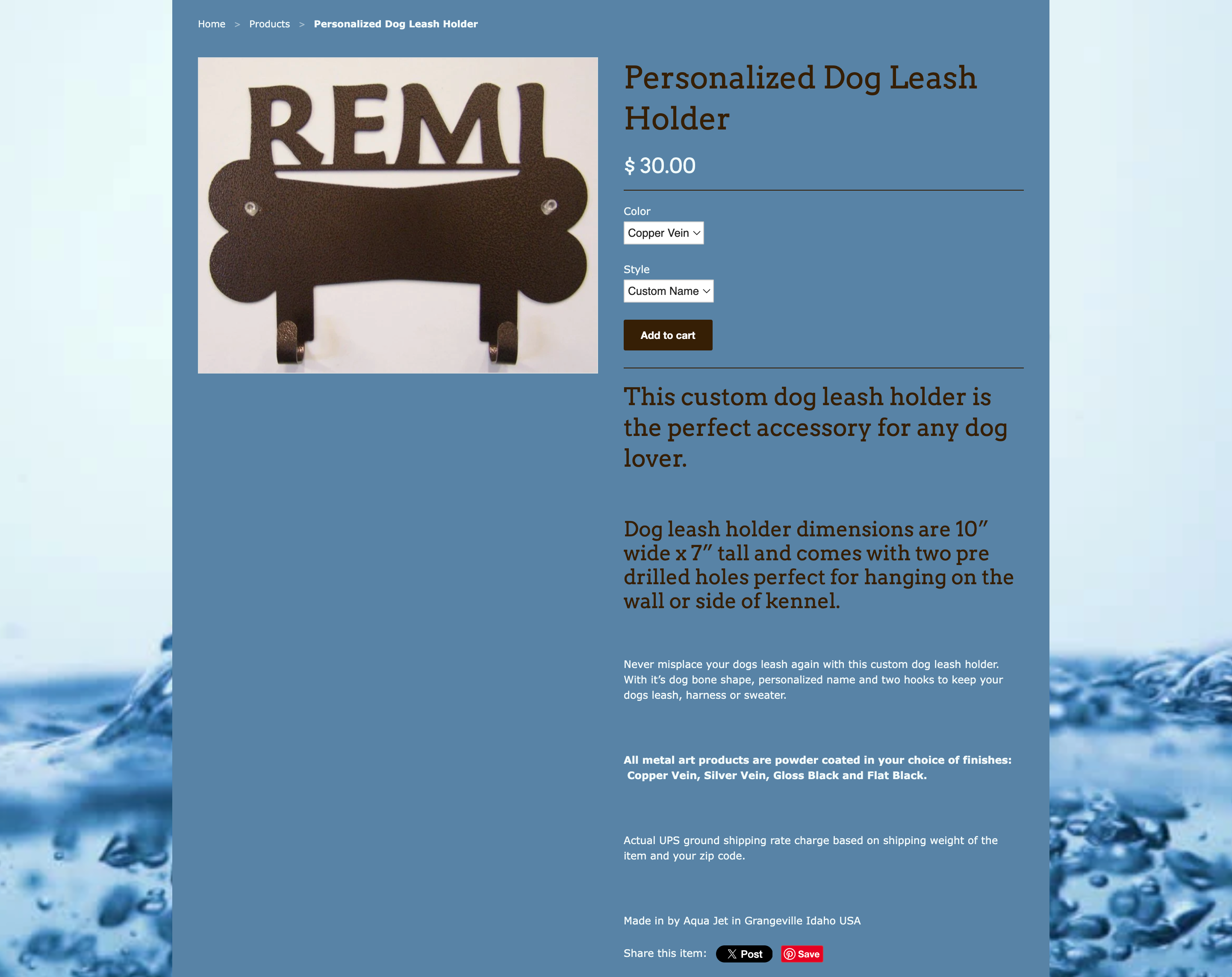 Aqua Jet Custom product page showing personalized dog leash holders