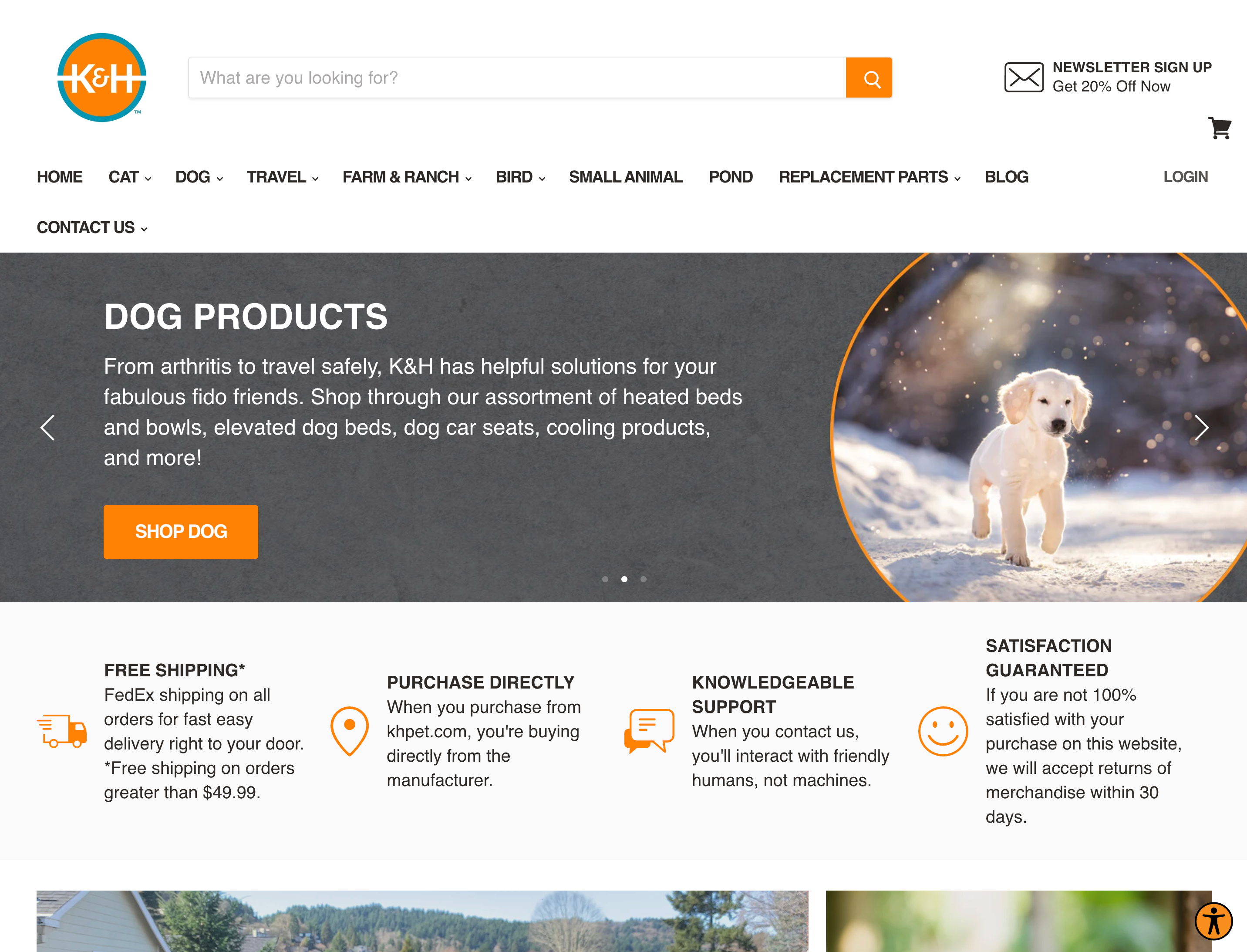 K&H Pet Products homepage showing custom heated/cooled pet beds