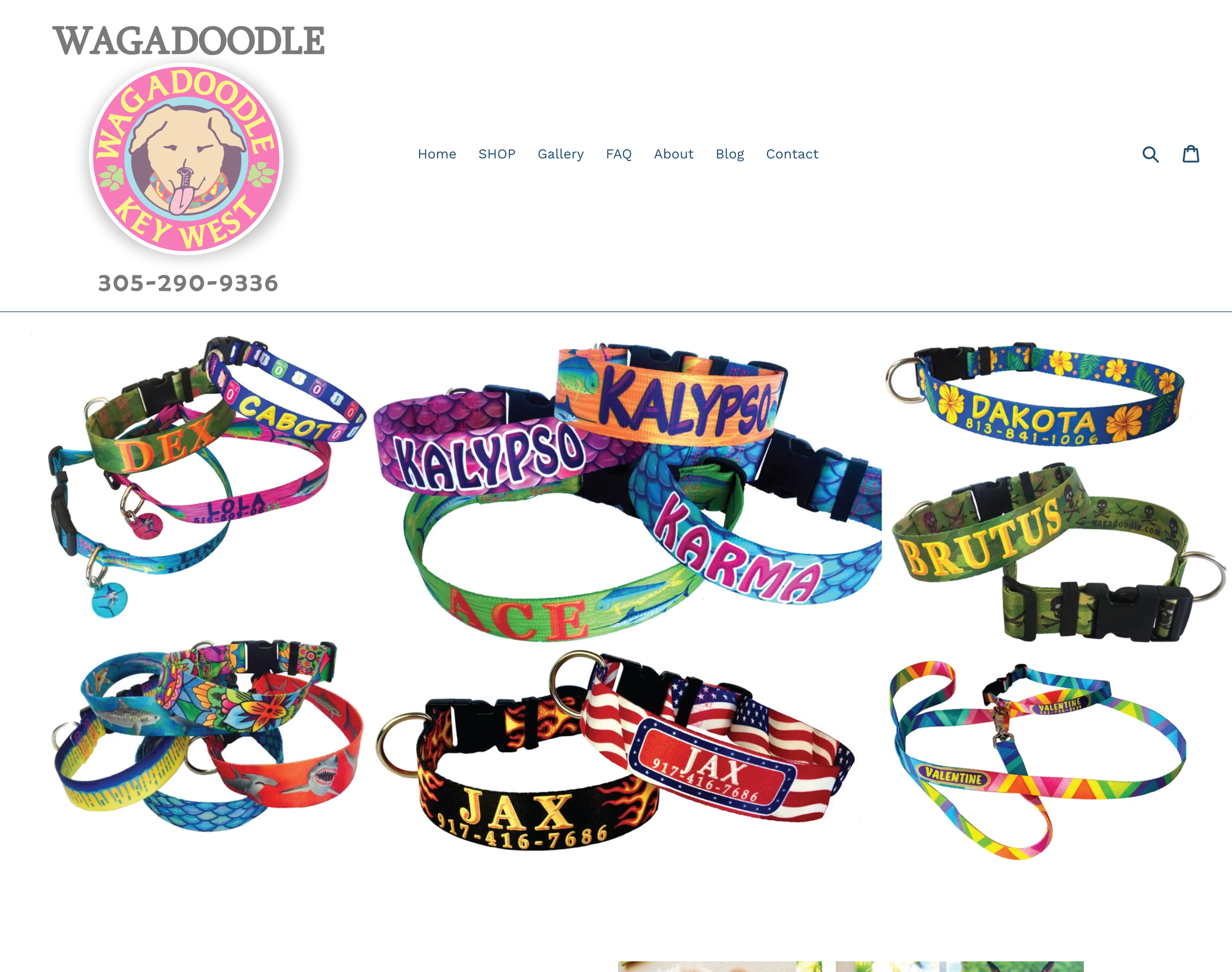 Wagadoodle product page showing custom dyed personalized dog collars, leashes, id tags