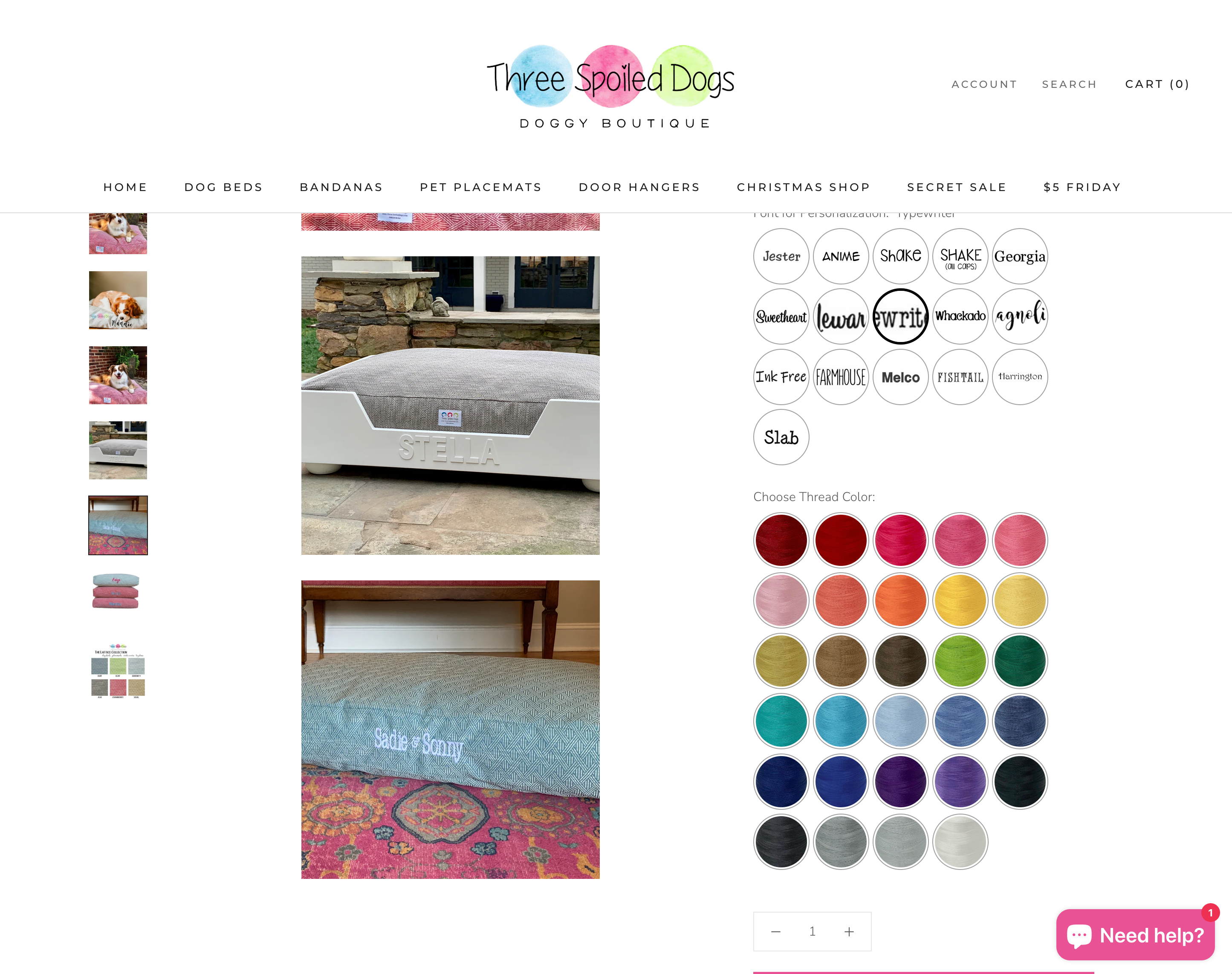Three Spoiled Dogs product page showing custom pet bed