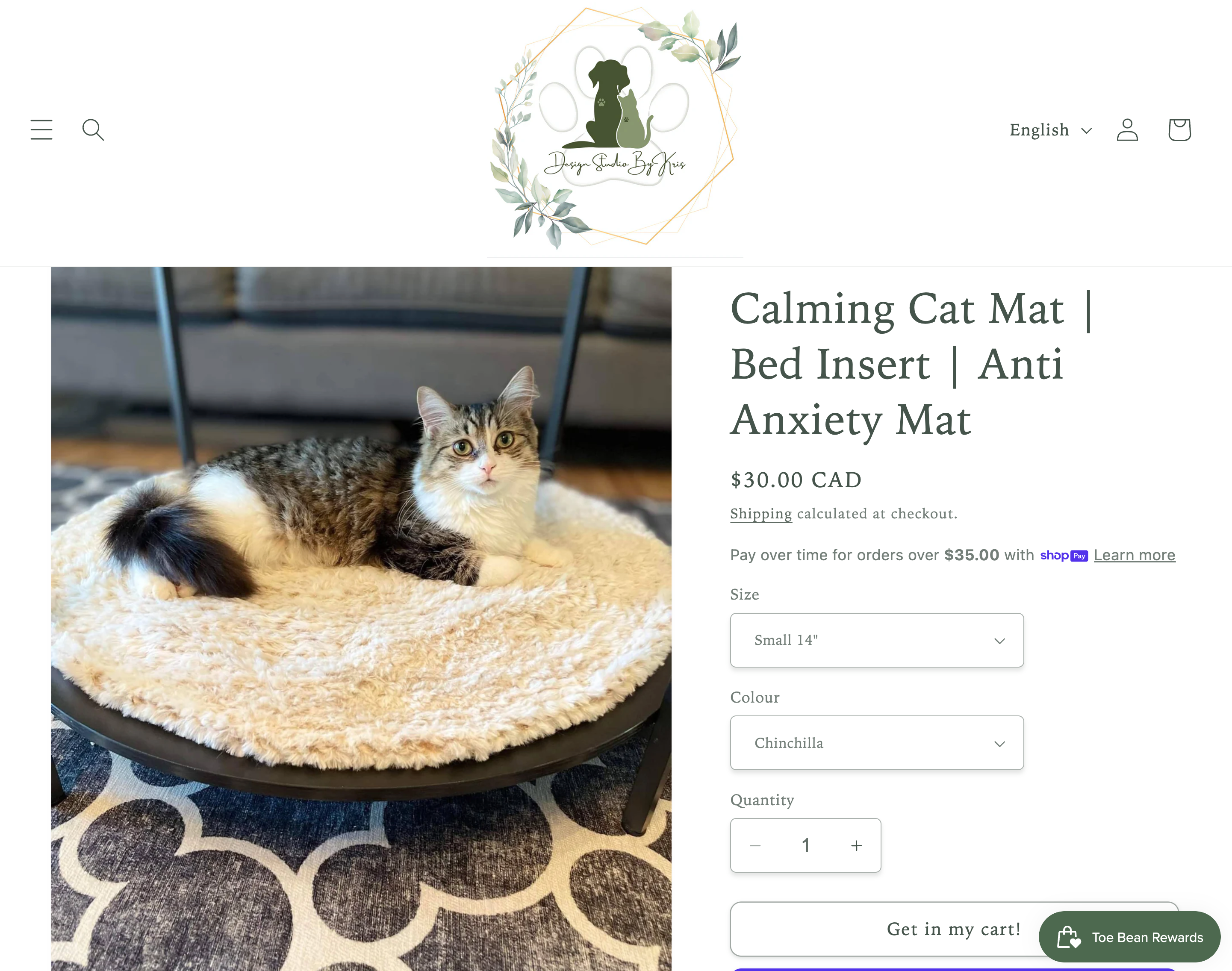 Design Studio By Kris product page showing custom pet beds, laser engraved pet id tags