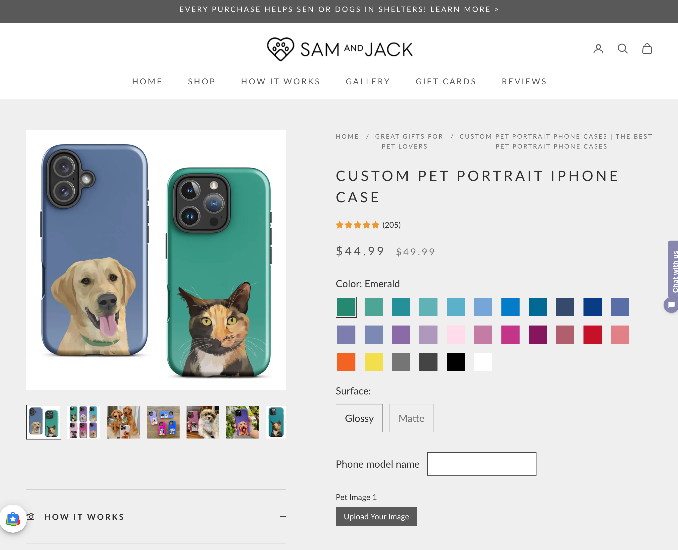 Sam and Jack product page showing custom pet portrait gifts - prints, mugs, pillows