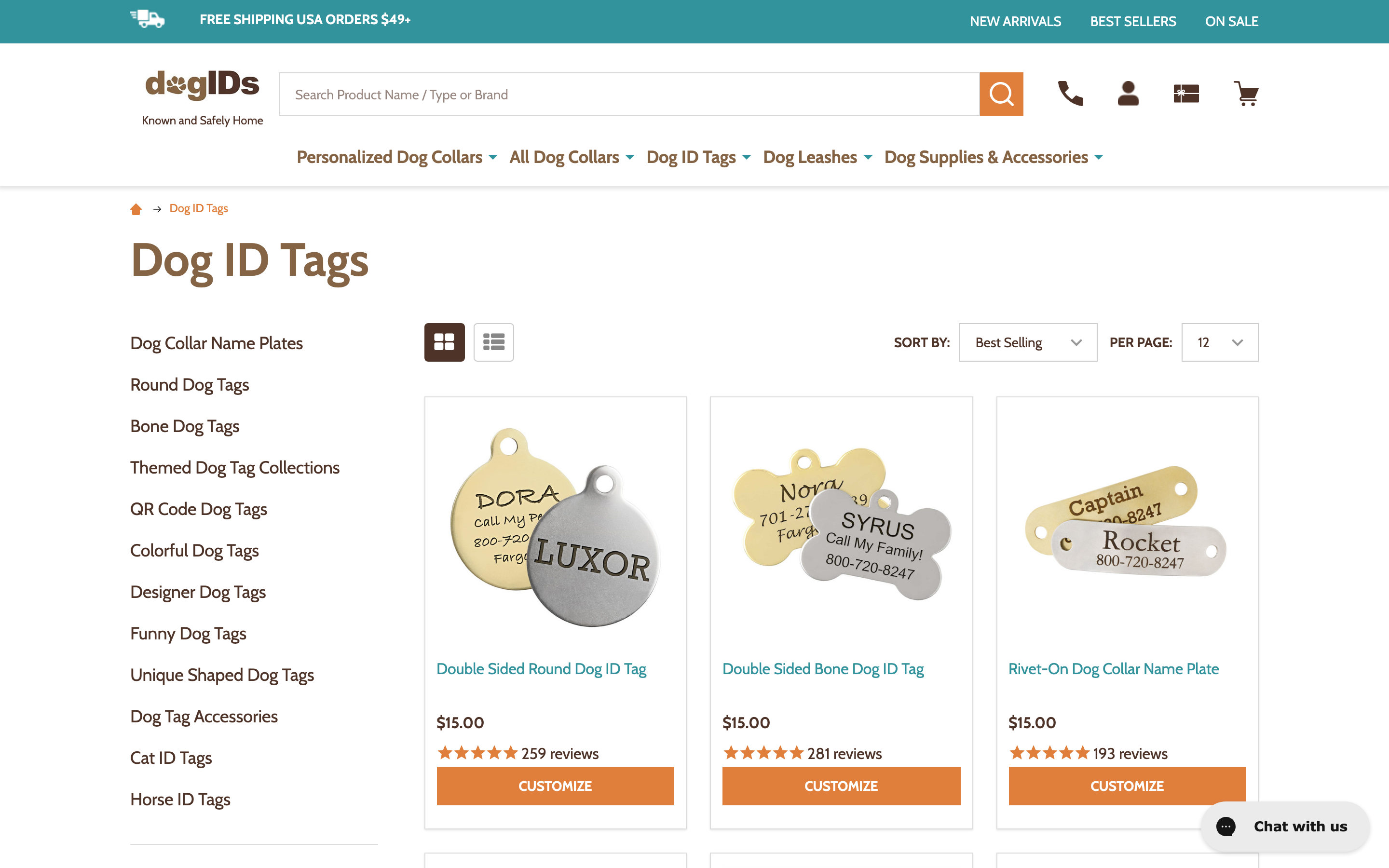 DogIDs homepage showing custom engraved dog id tags, collars, nameplates
