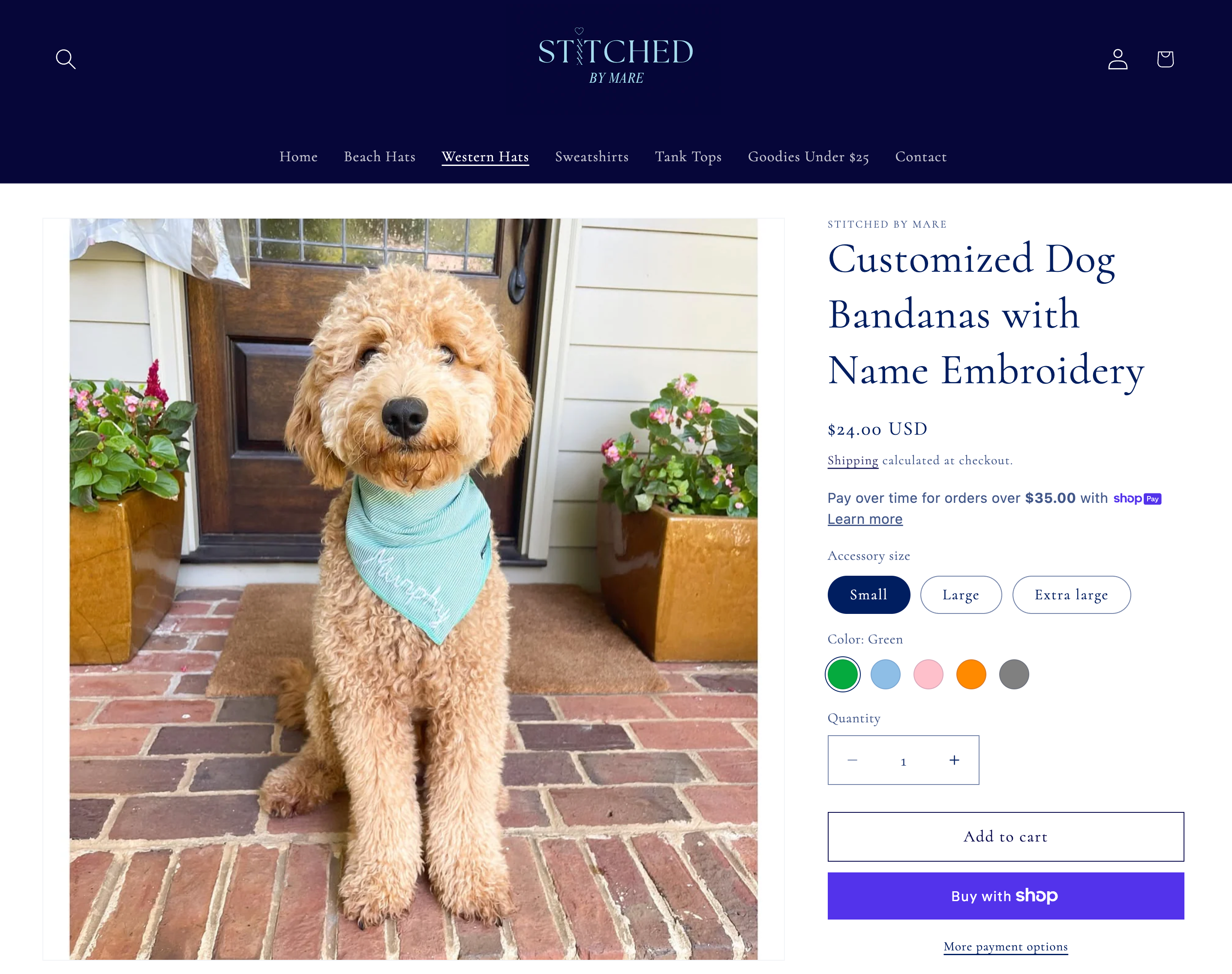Stitched x Mare product page showing custom embroidered dog bandanas