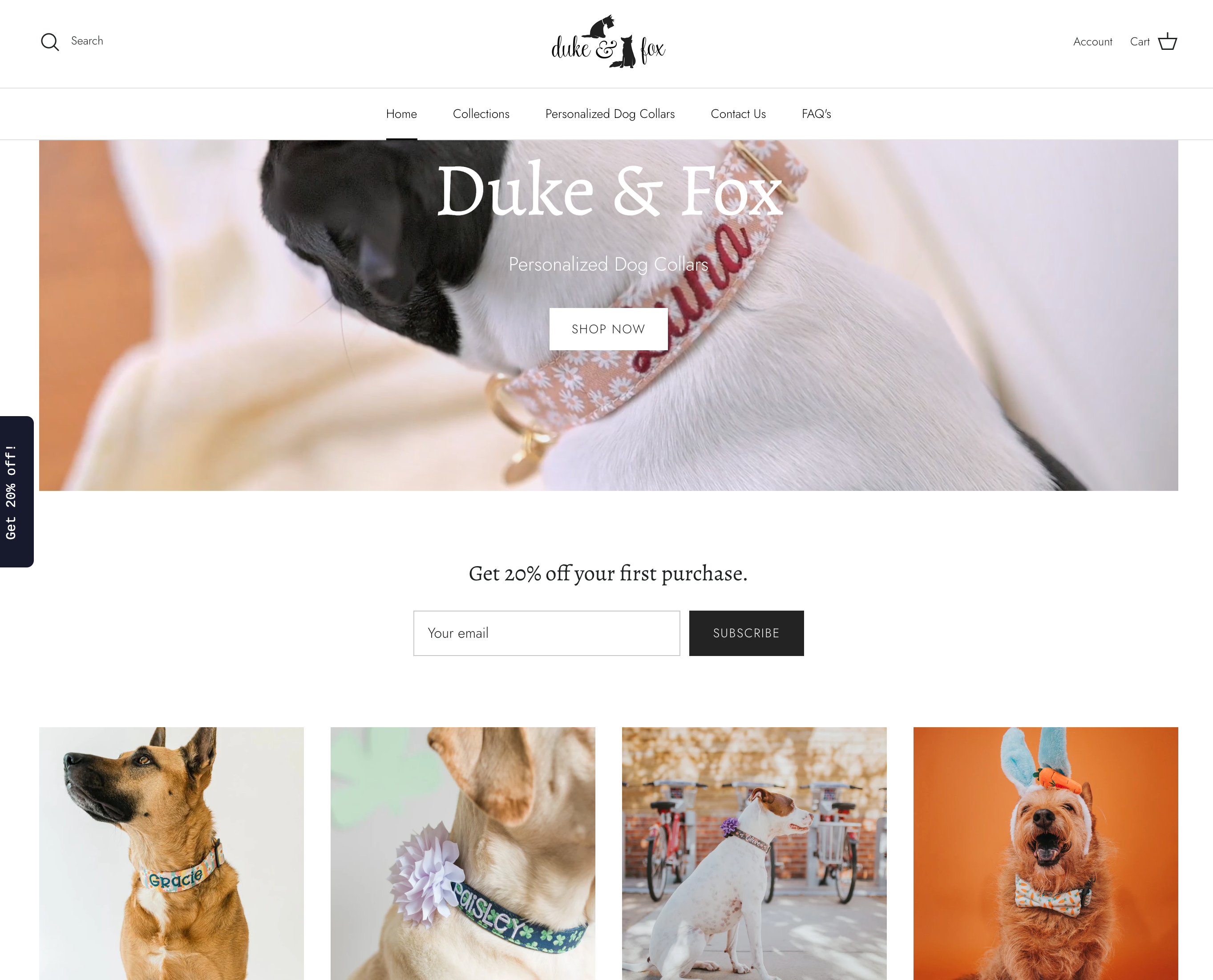 Duke & Fox store page featuring embroidered dog collars, bandanas, engraved buckles