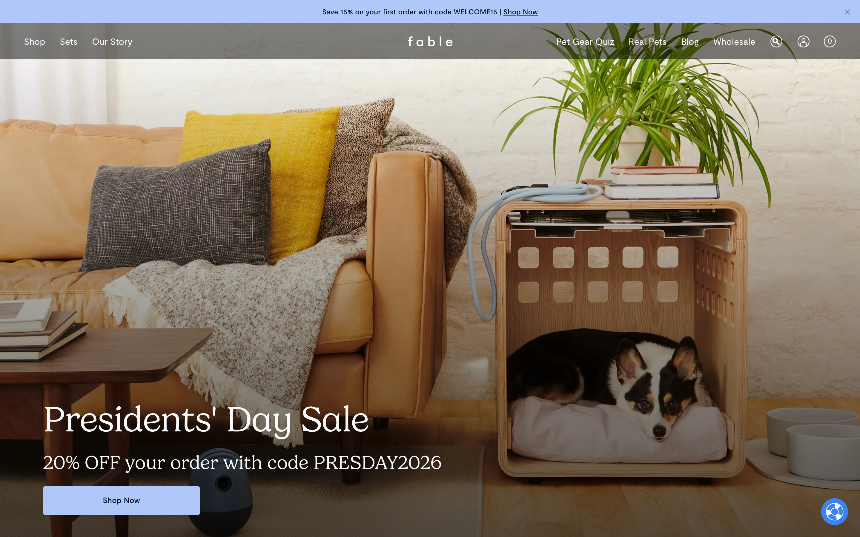 Fable Pets homepage showing designer dog bowls, beds, leashes, collars