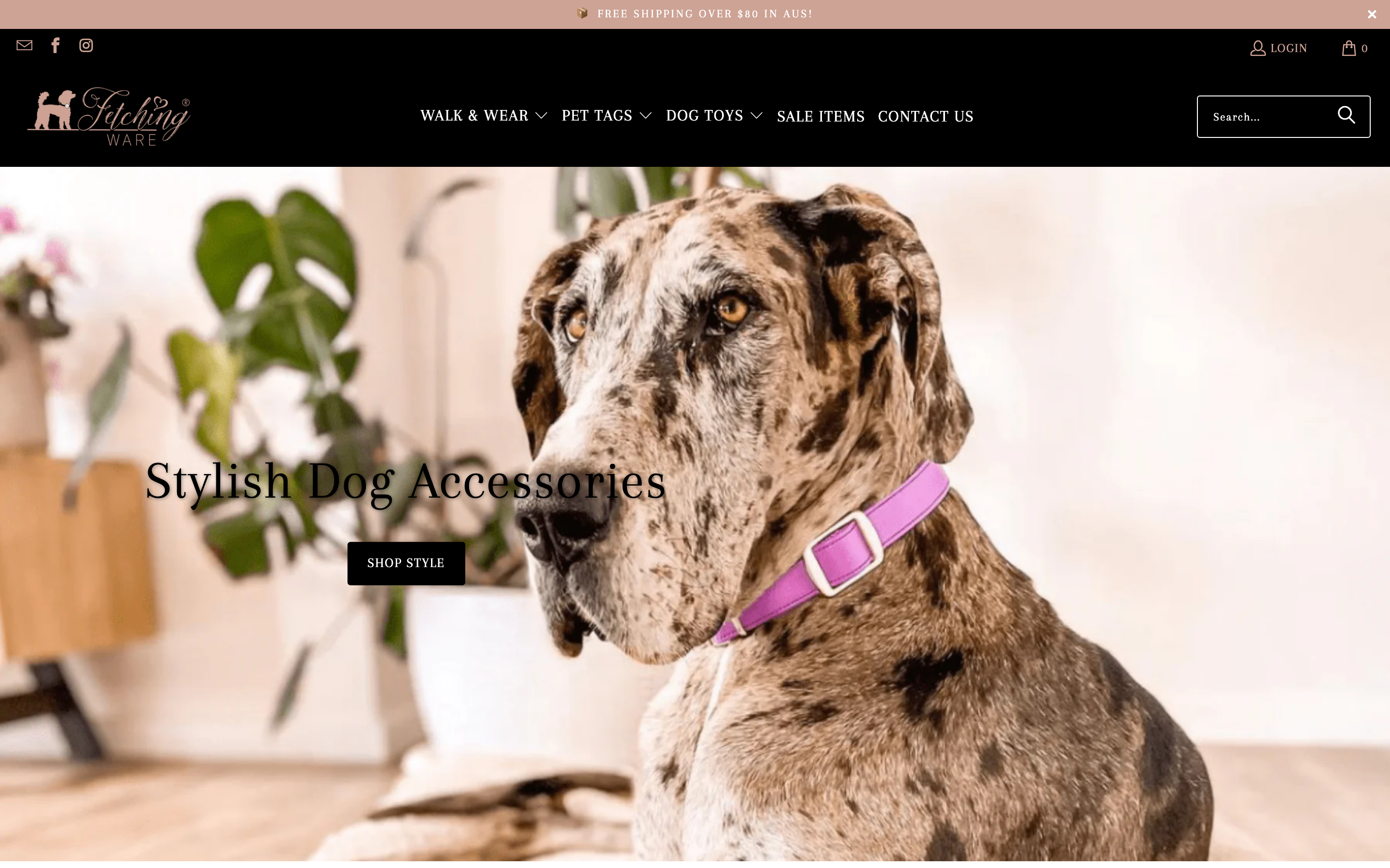 Fetching Ware product page showing designer dog collars, harnesses, pet tags