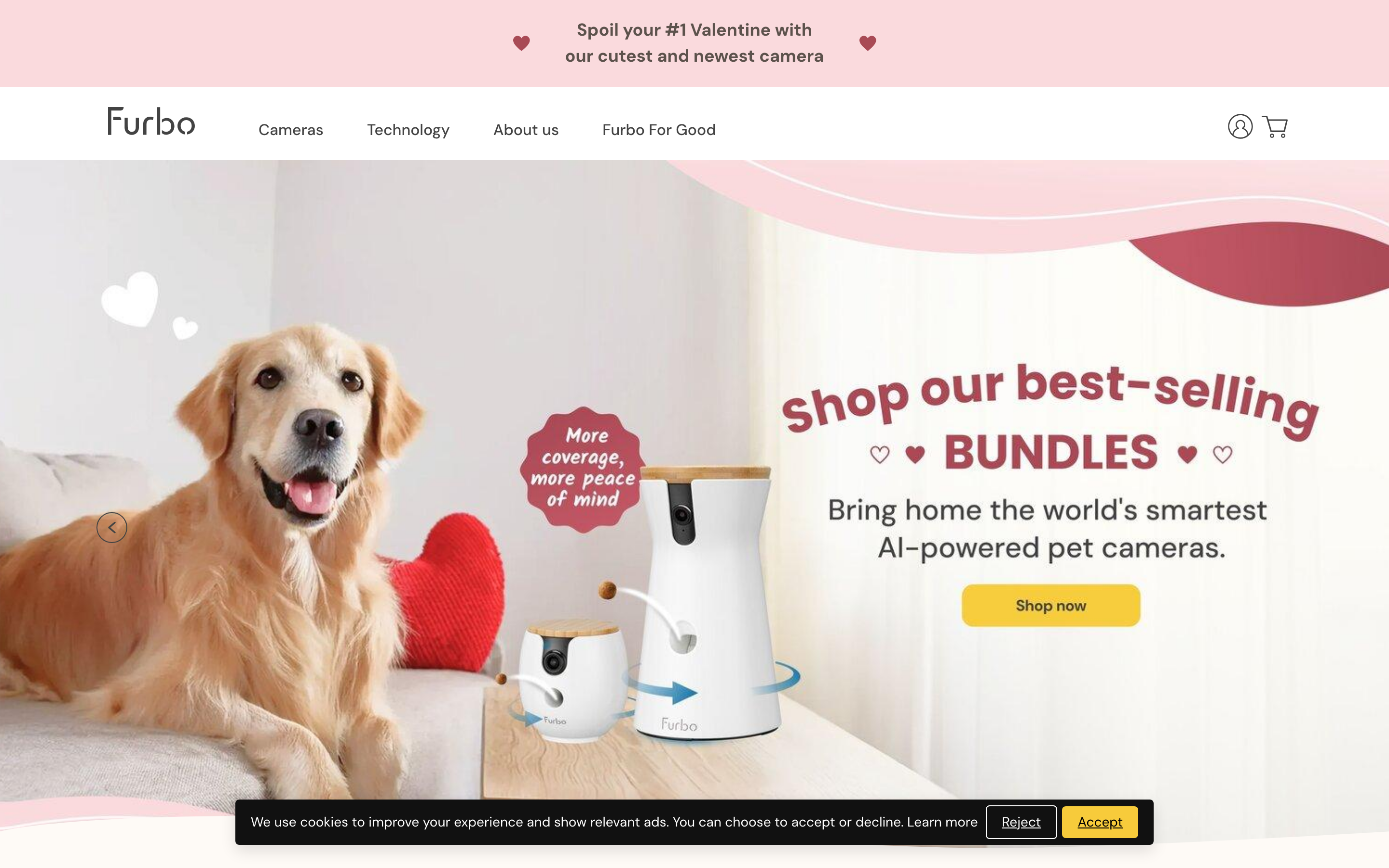 Furbo store page featuring ai-powered pet cameras with treat dispensing