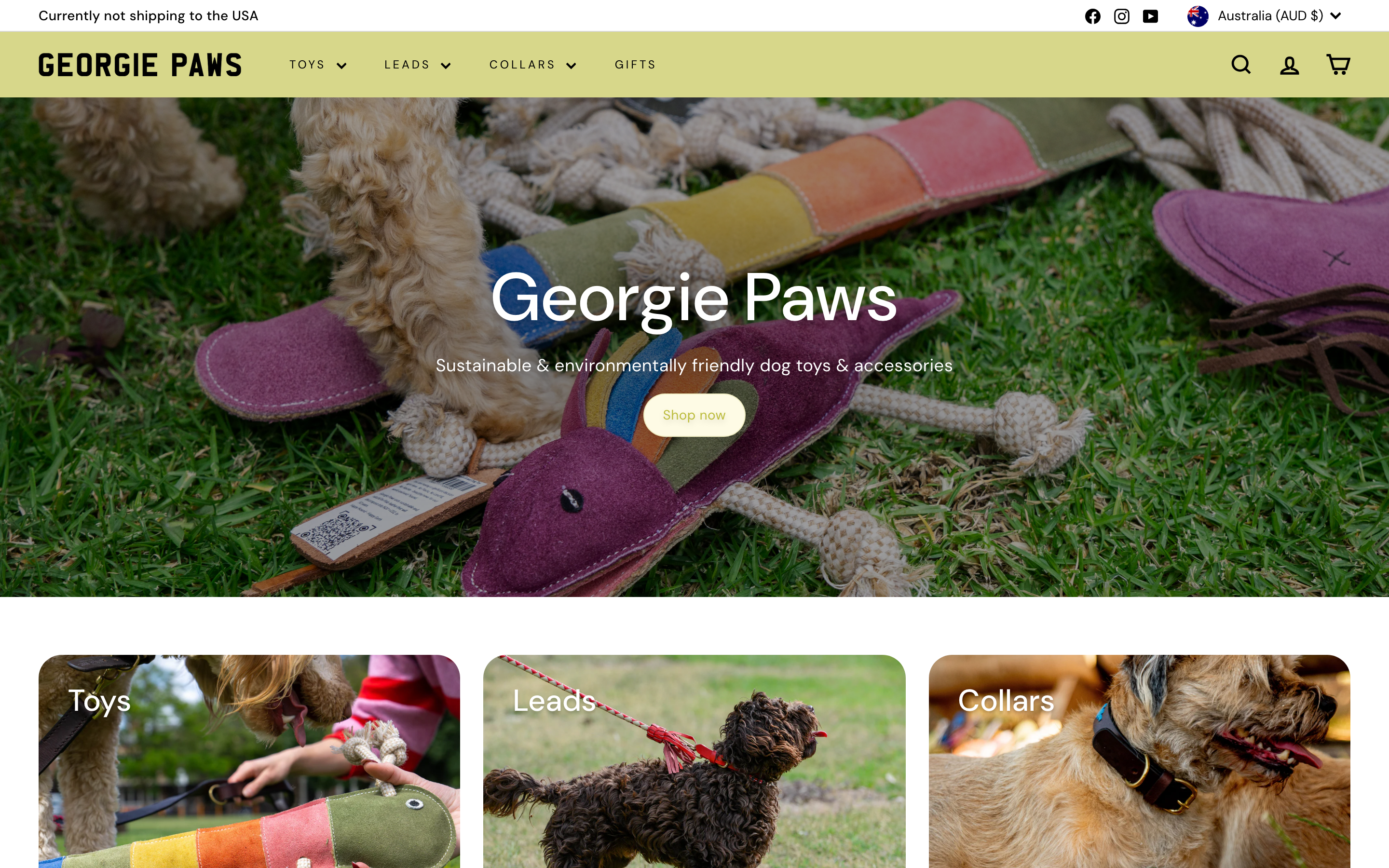 Georgie Paws product page showing handmade buffalo leather dog collars