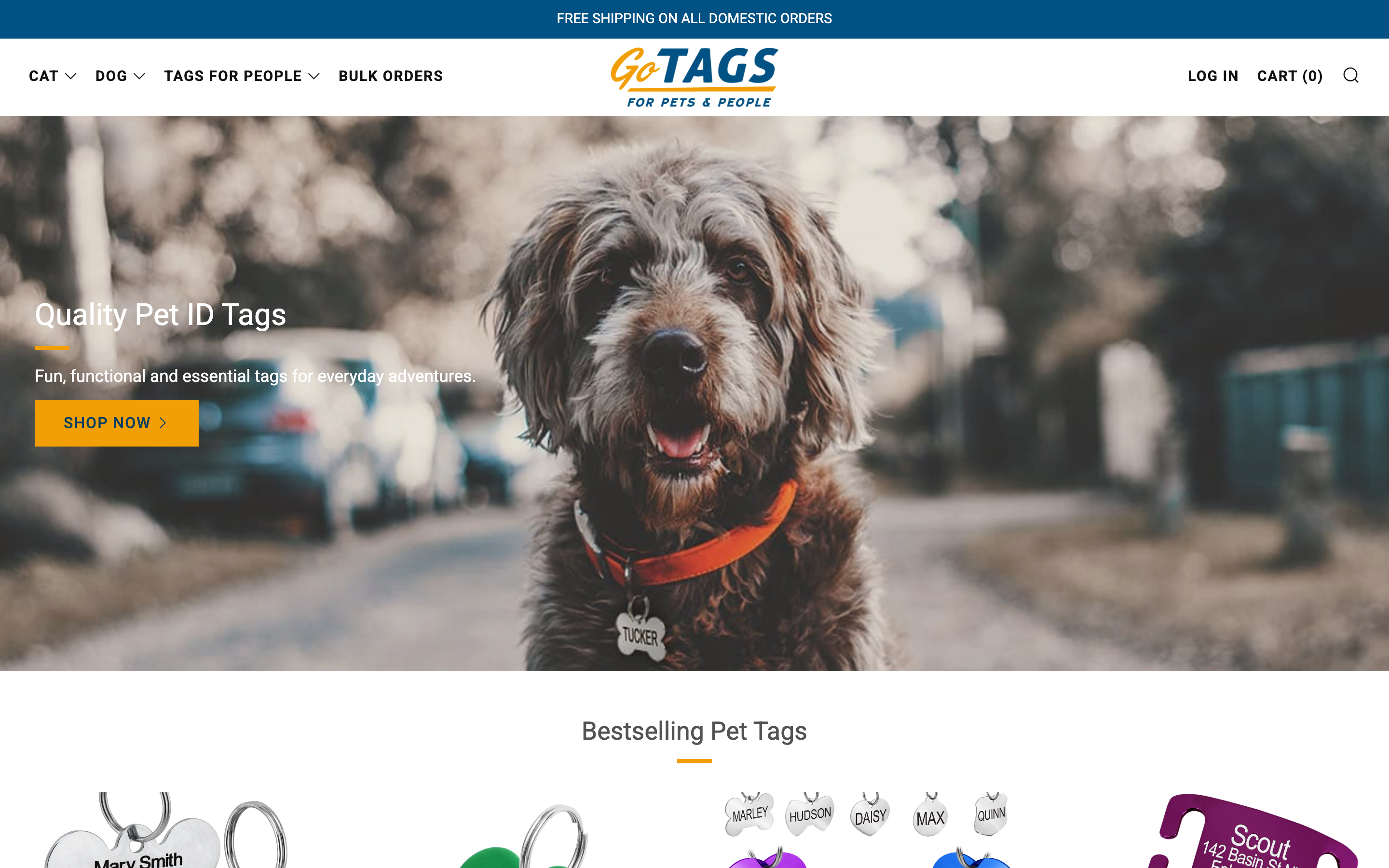 GoTags homepage showing custom engraved pet id tags and personalized collars