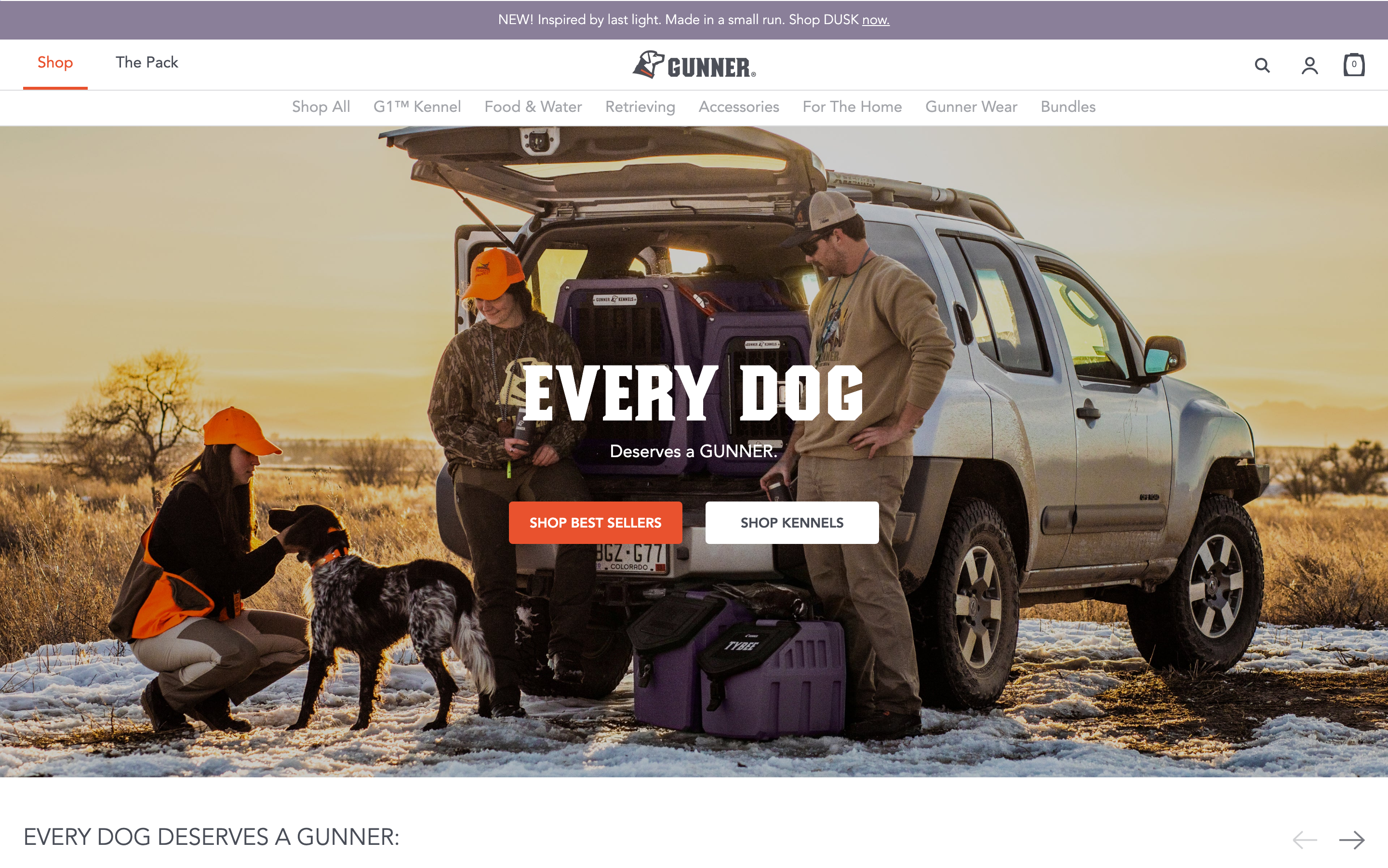 Gunner Kennels home page showing custom dog kennels and accessories