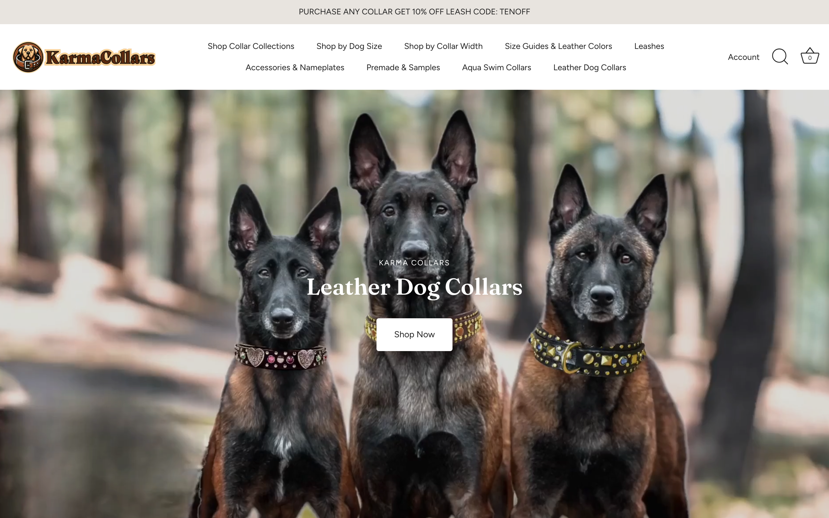 Karma Collars product page showing handmade custom leather dog collars