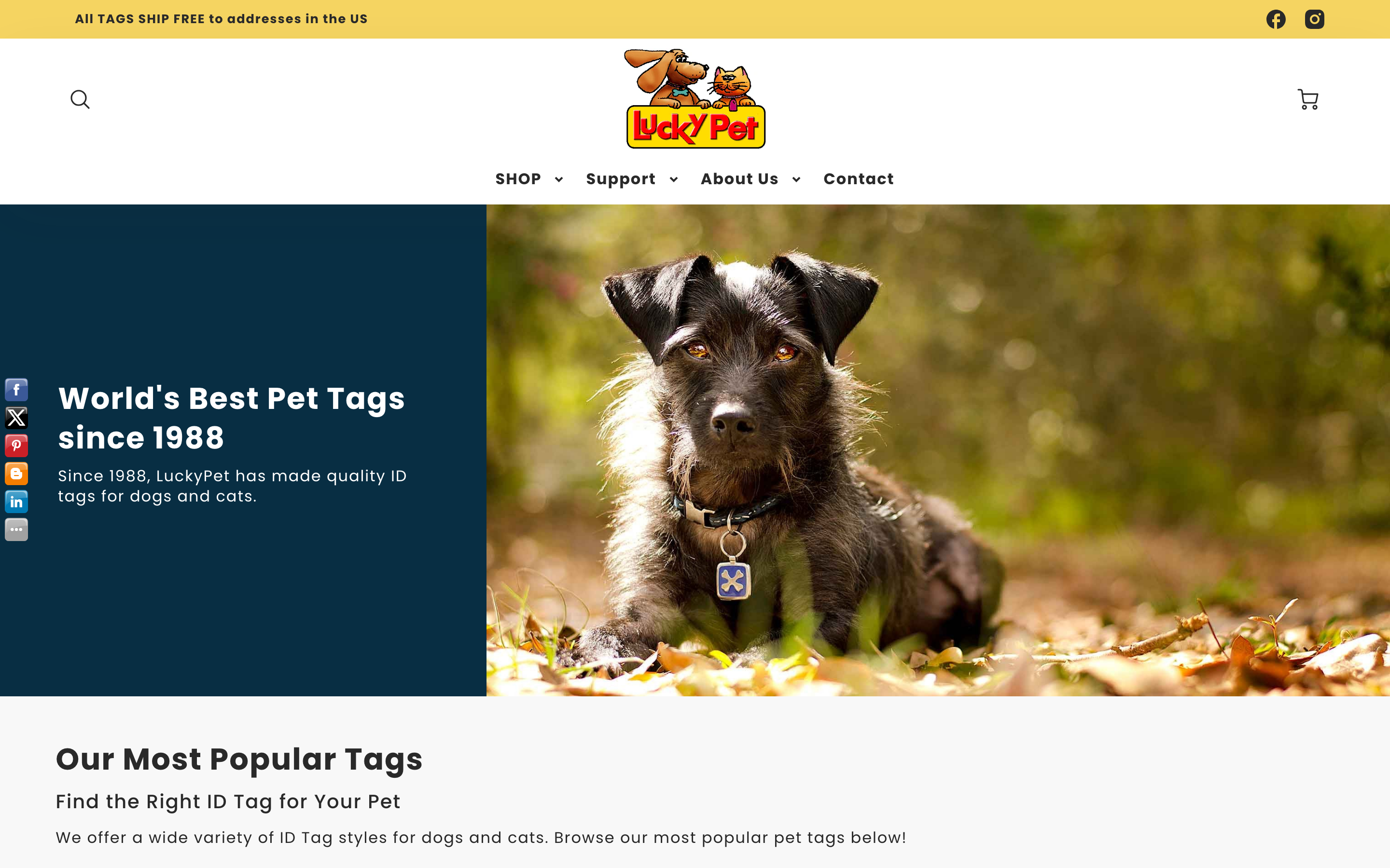 LuckyPet store page featuring custom engraved pet id tags