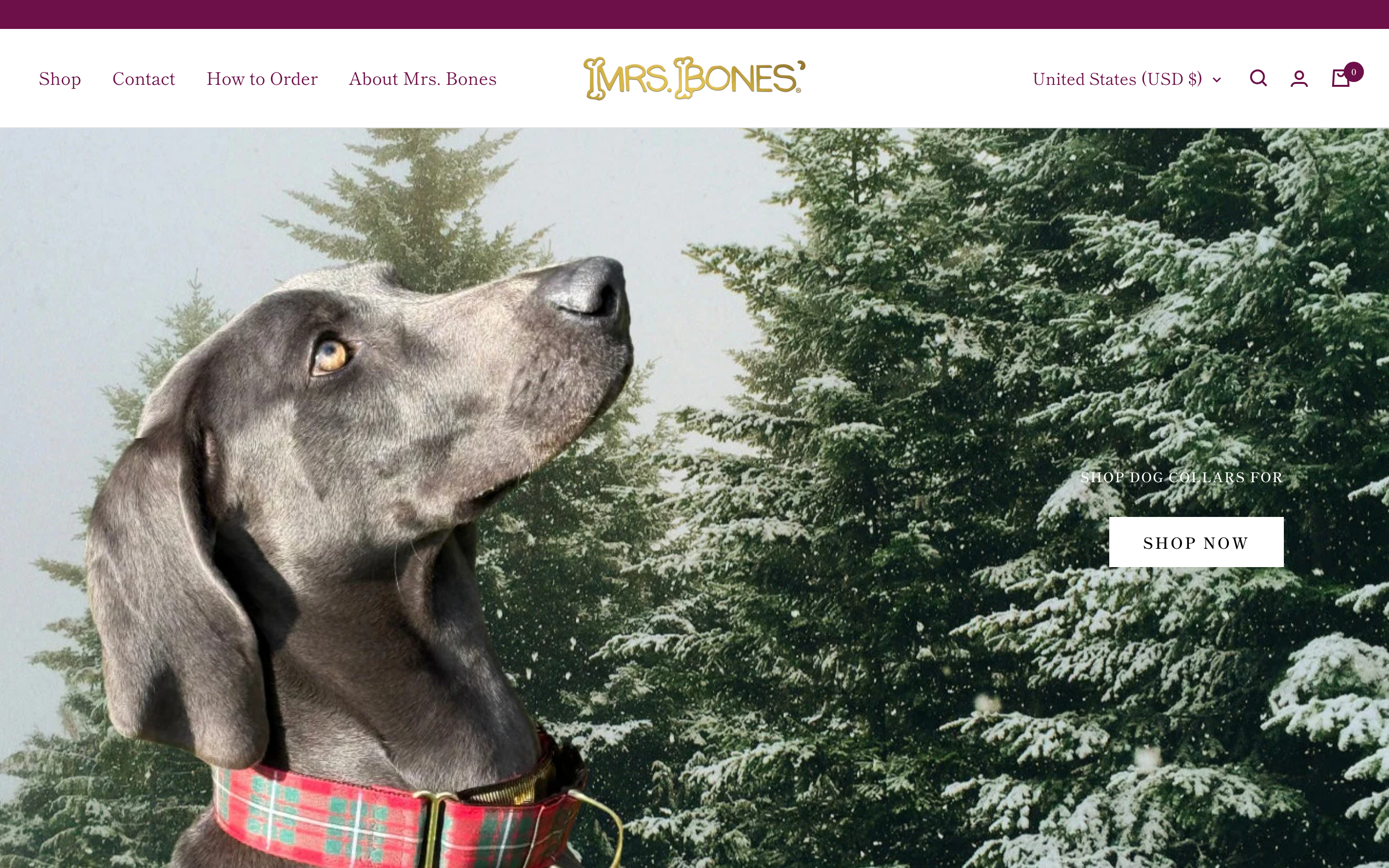 Mrs Bones product page showing handmade custom dog collars and leashes
