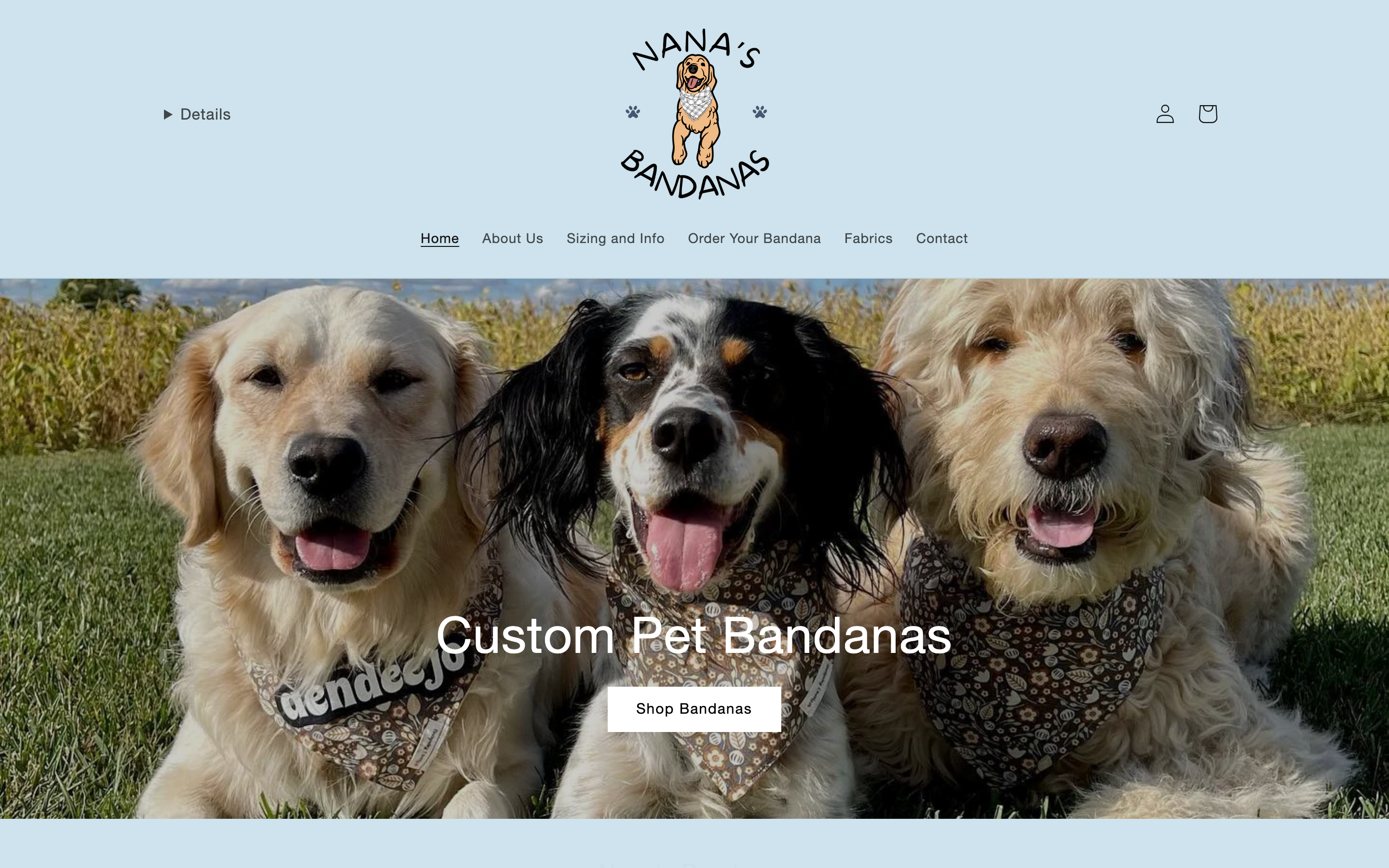 Nana's Bandanas product page showing custom personalized dog bandanas