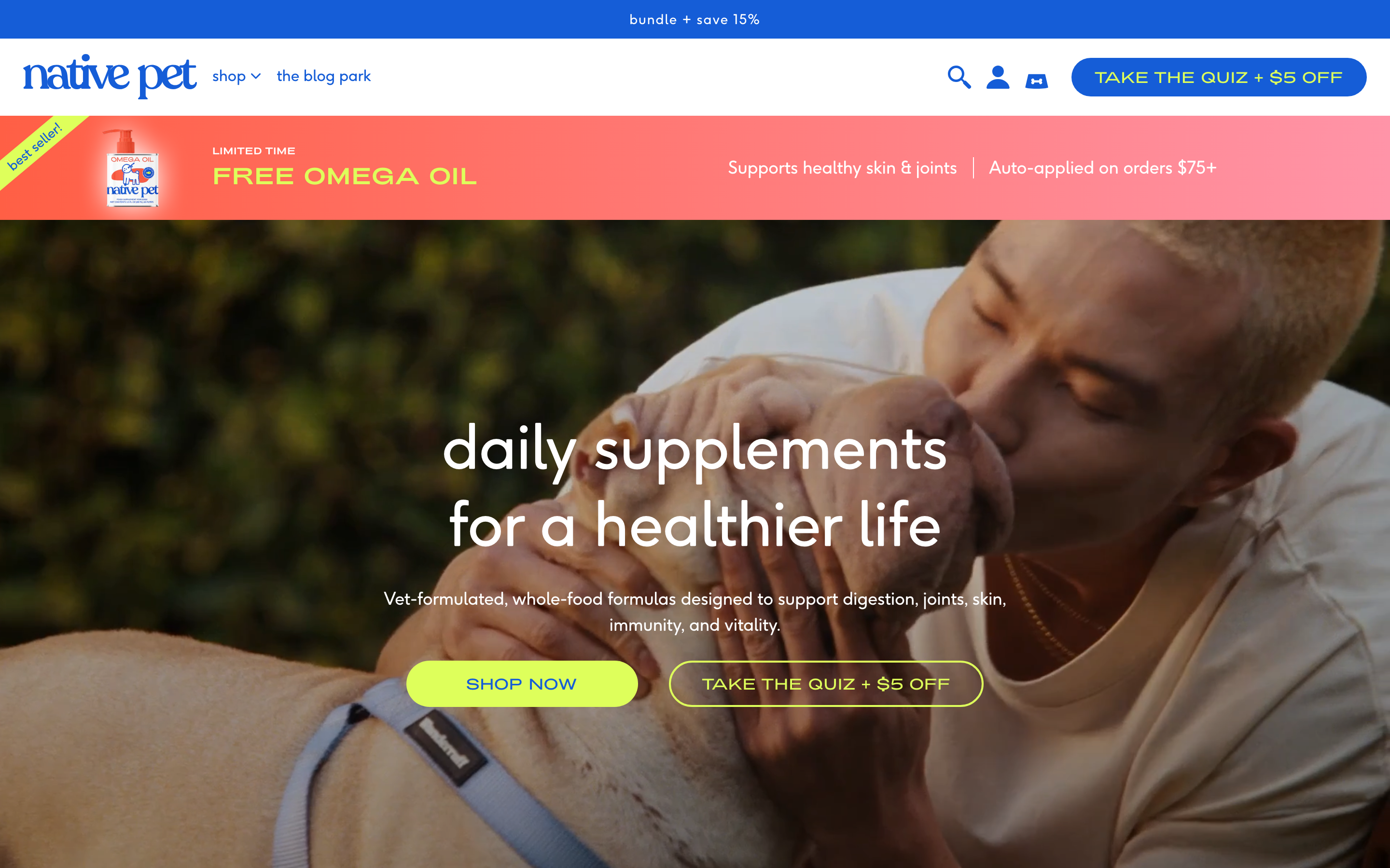 Native Pet homepage showing personalized pet supplement recommendations