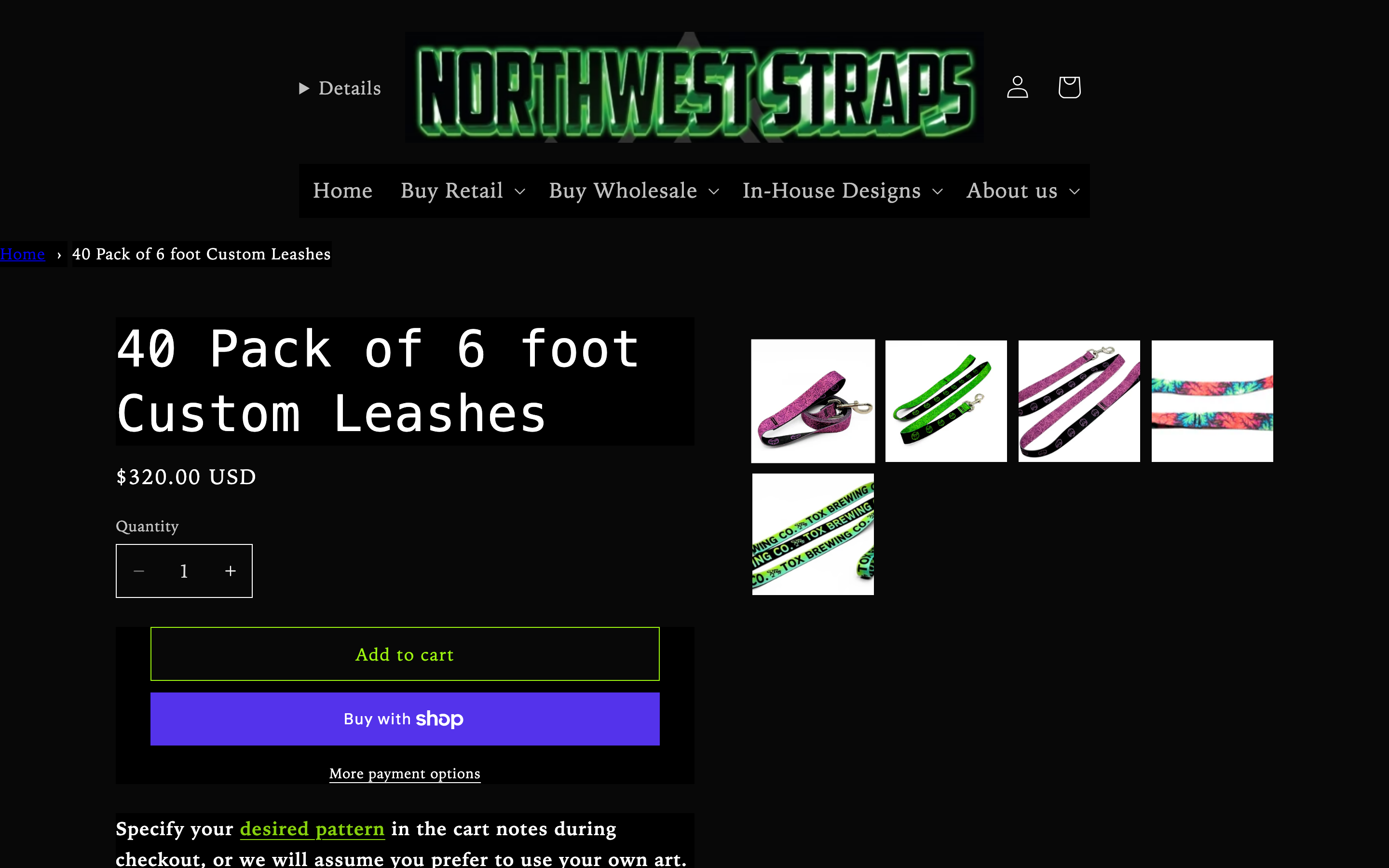 NW Straps product page showing custom personalized dog leashes and accessories