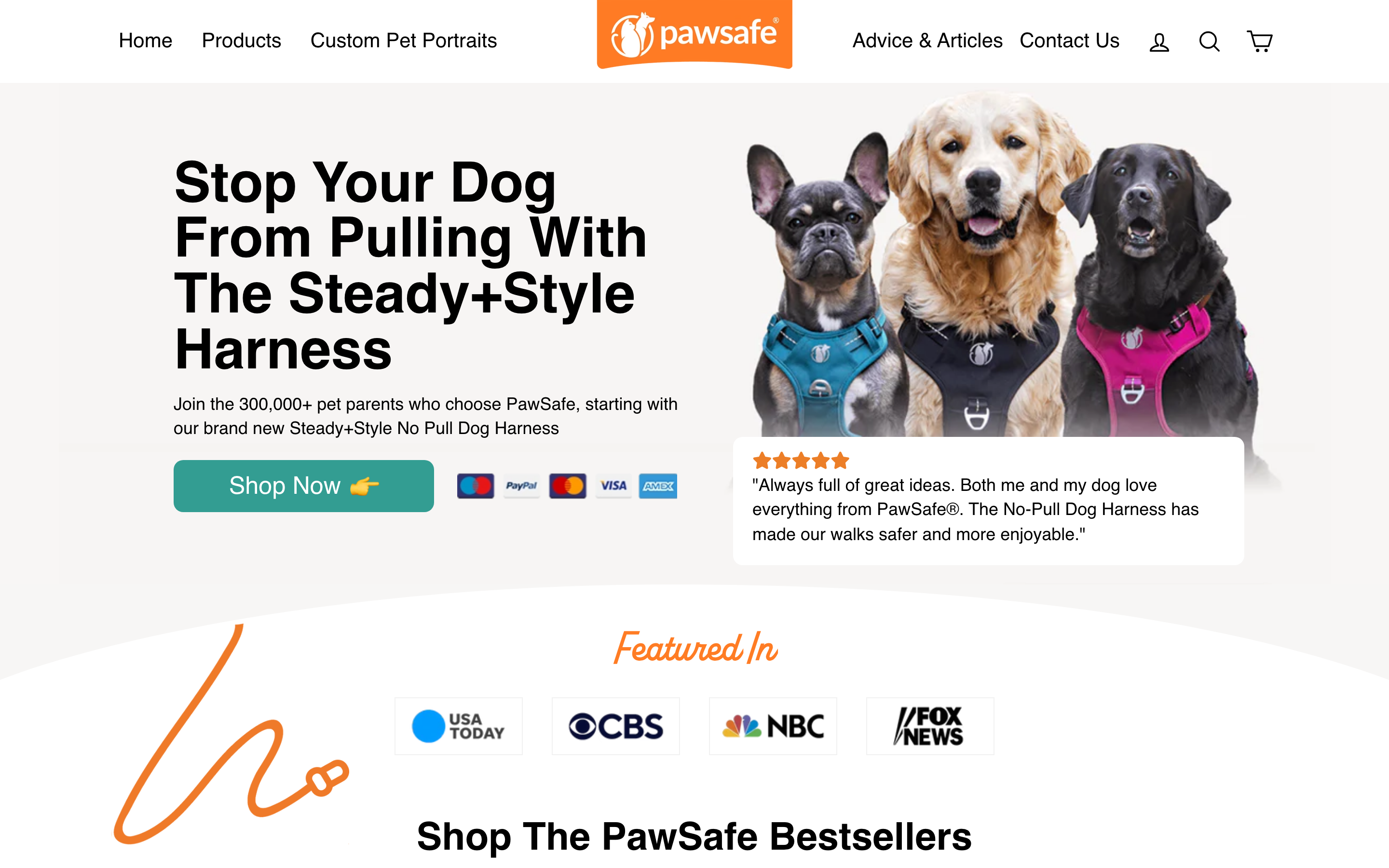PawSafe product page showing personalized pet portraits & safety gear