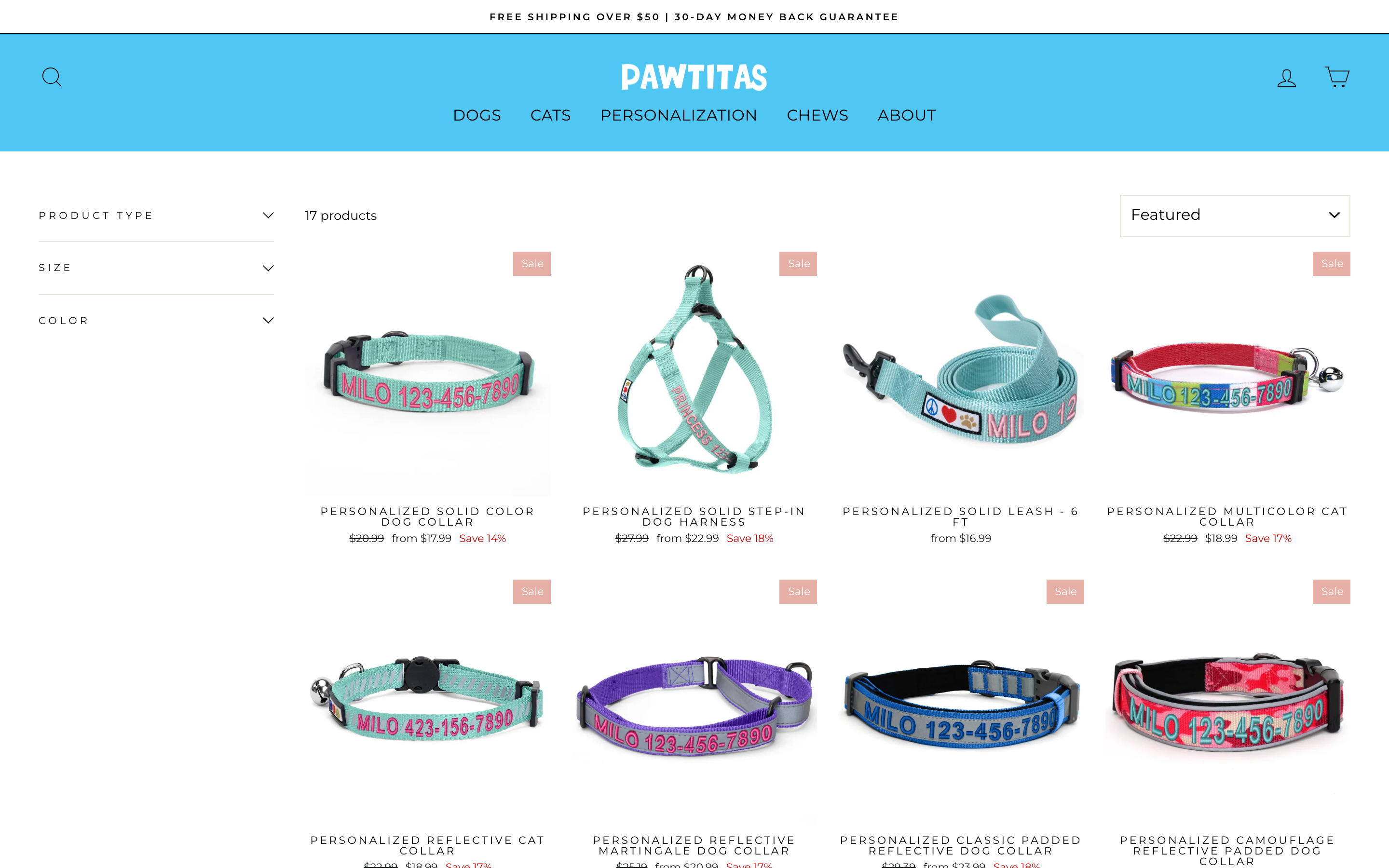 Pawtitas product page showing personalized dog collars, leashes, harnesses