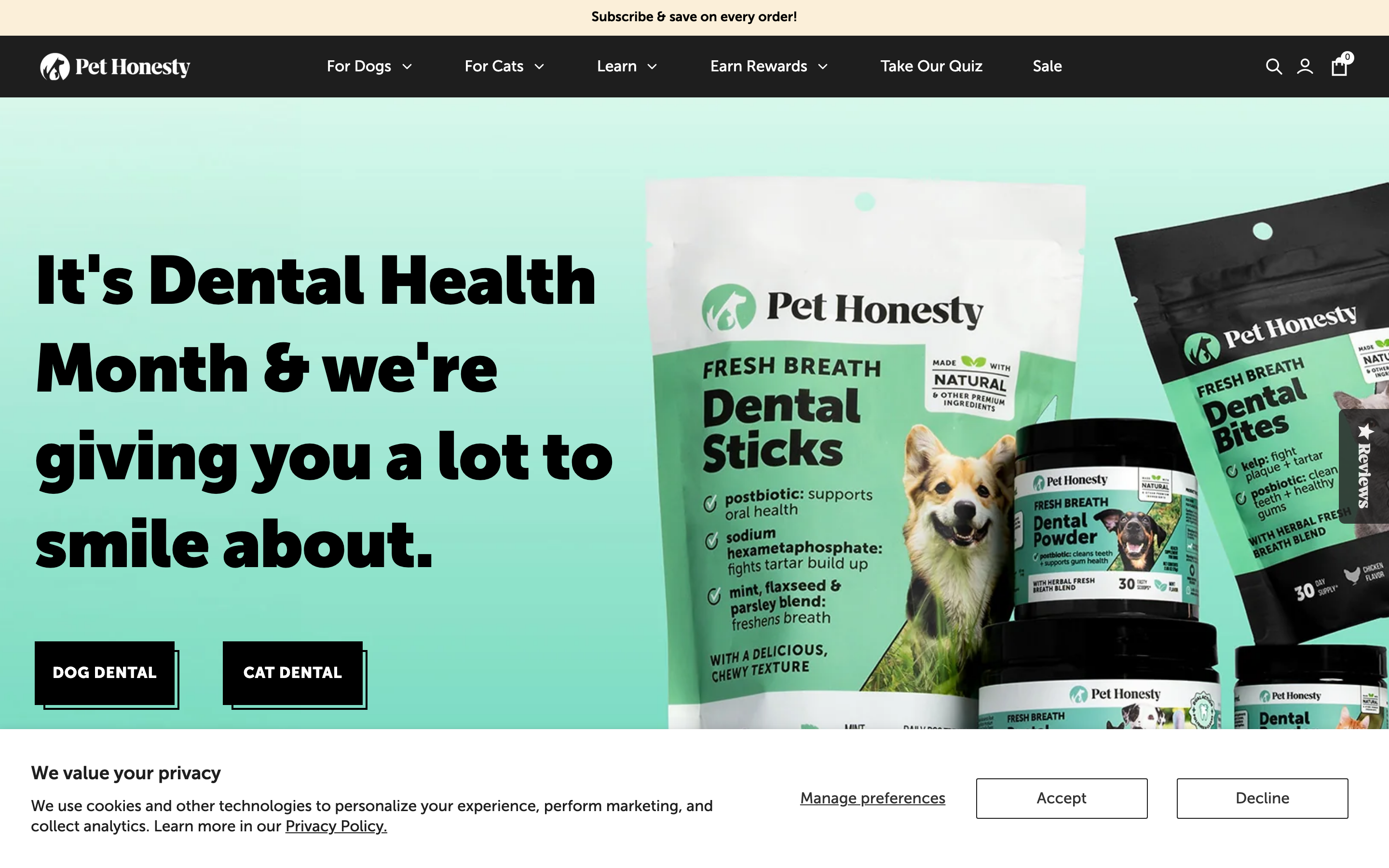 Pet Honesty homepage showing personalized pet supplement subscriptions