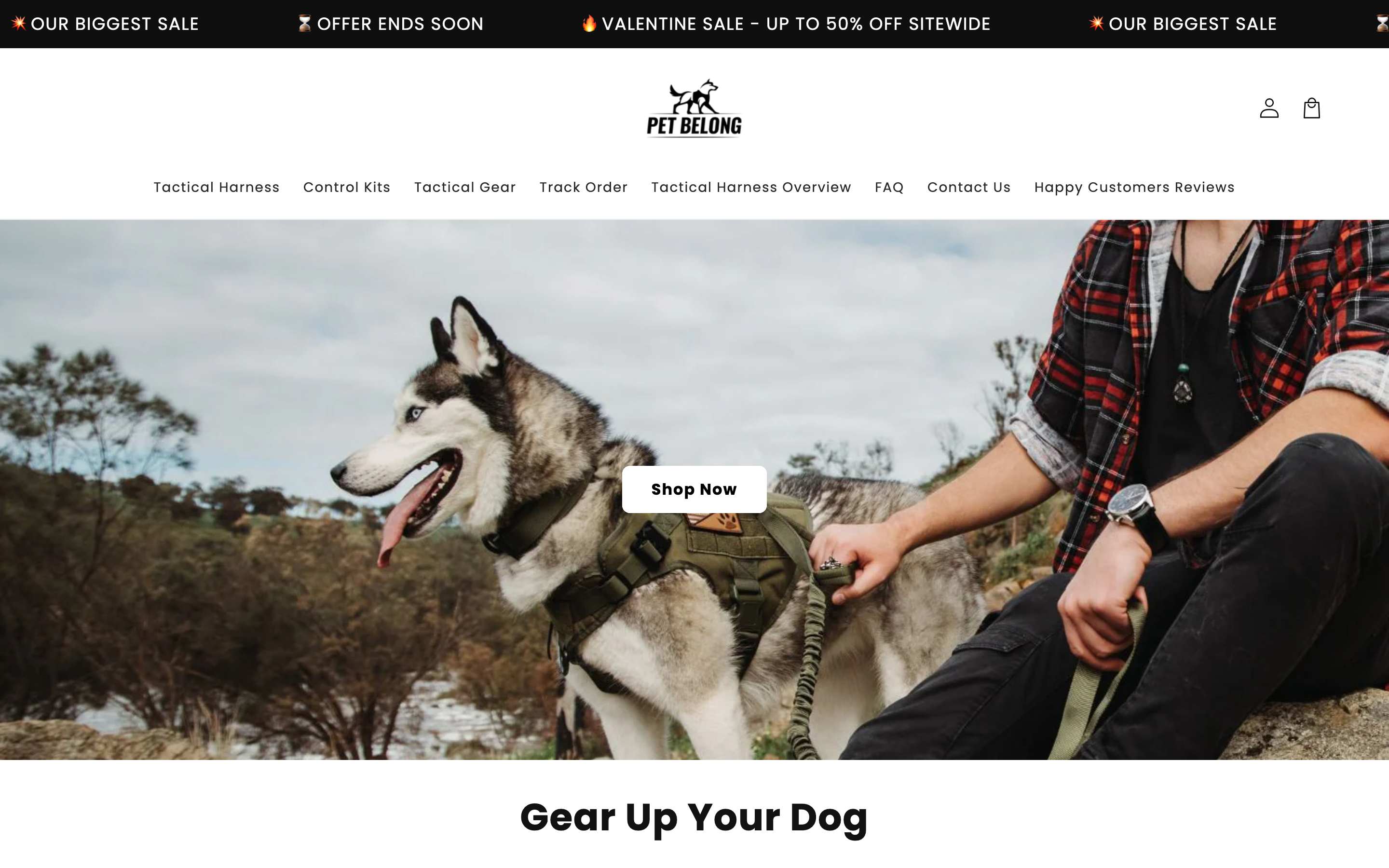 PetBelong product page showing custom tactical dog harness/vest