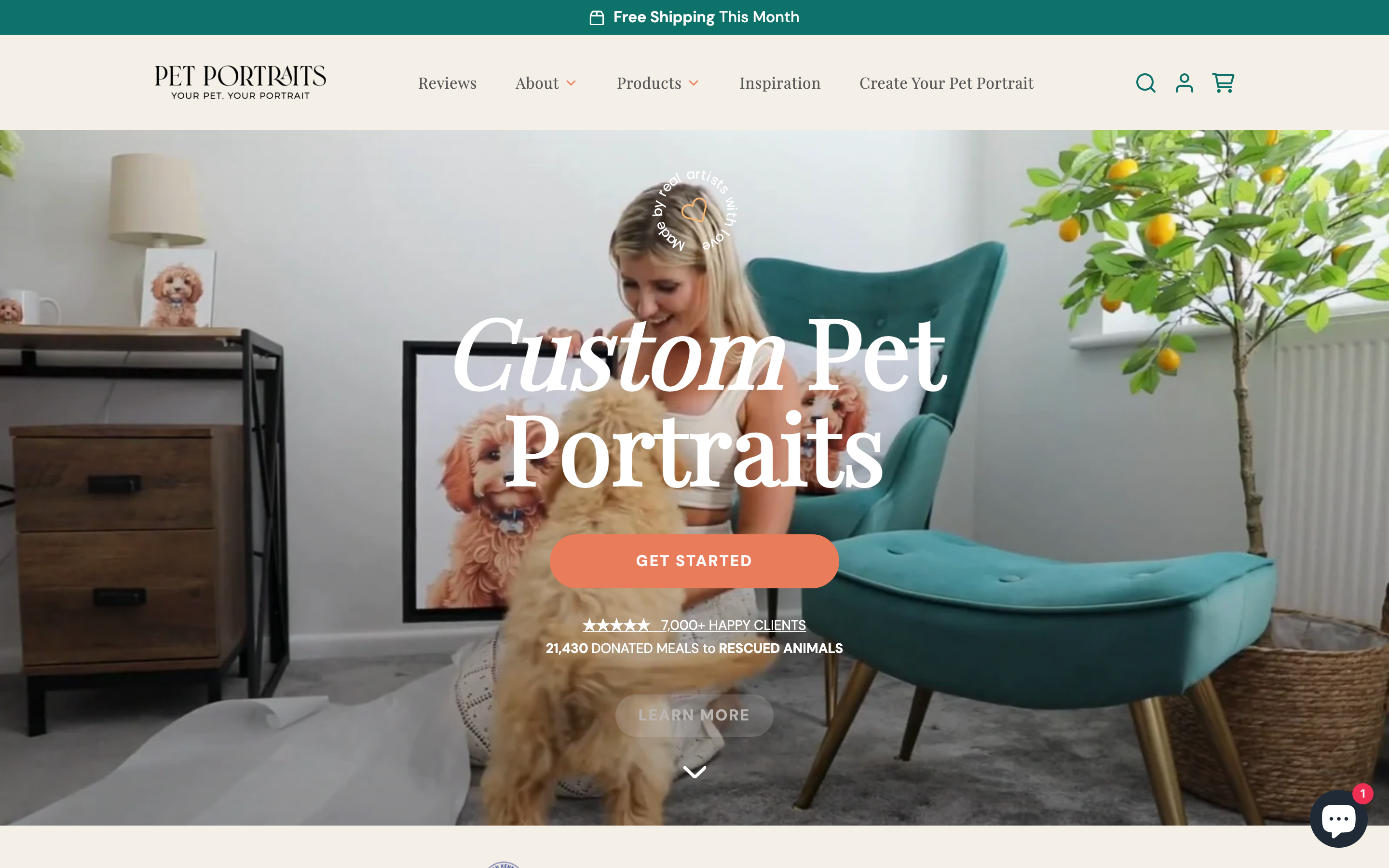 PetPortraits.com product page showing custom pet portraits, personalized dog beds & blankets