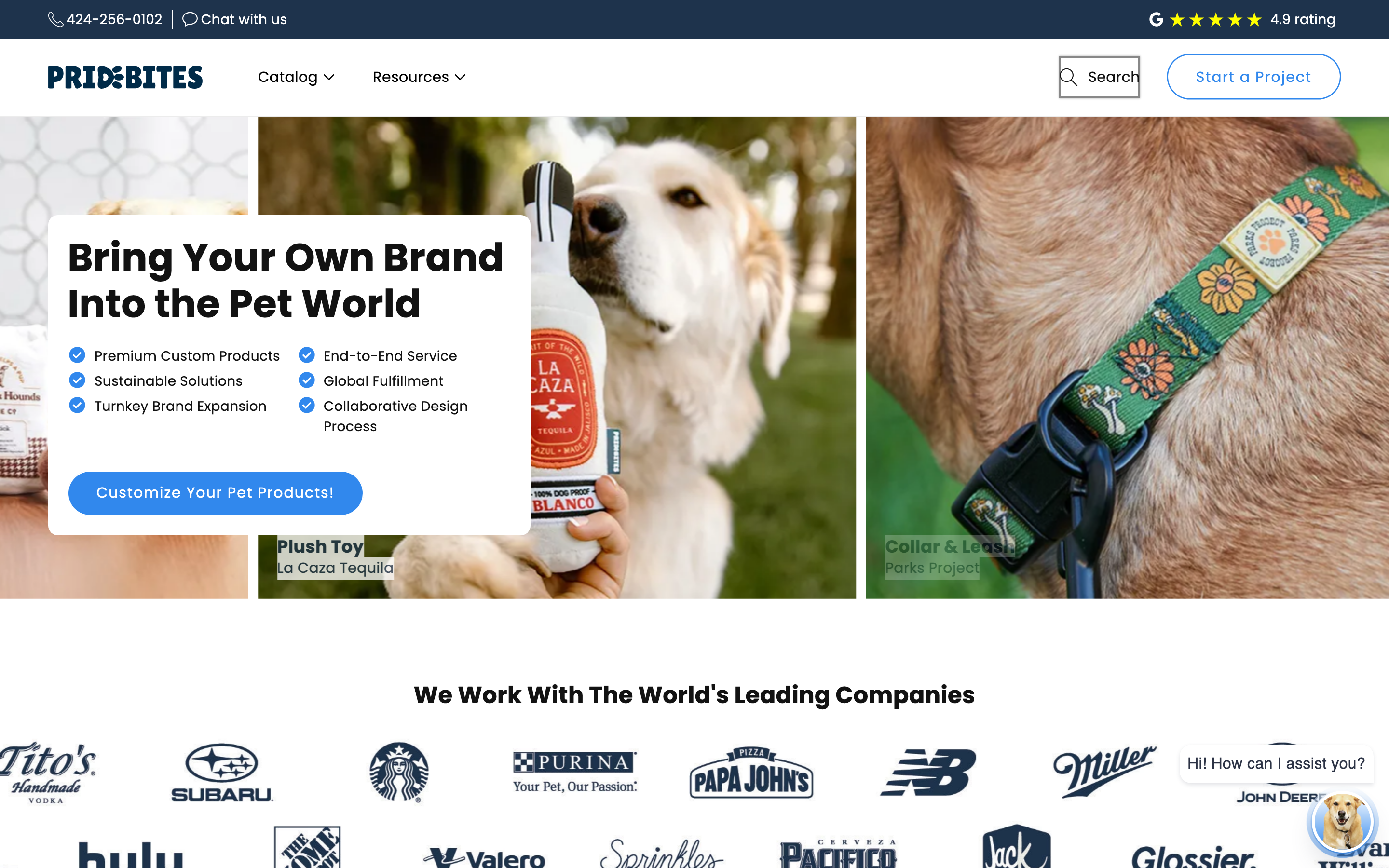 PrideBites product page showing custom branded wholesale dog bandanas & products