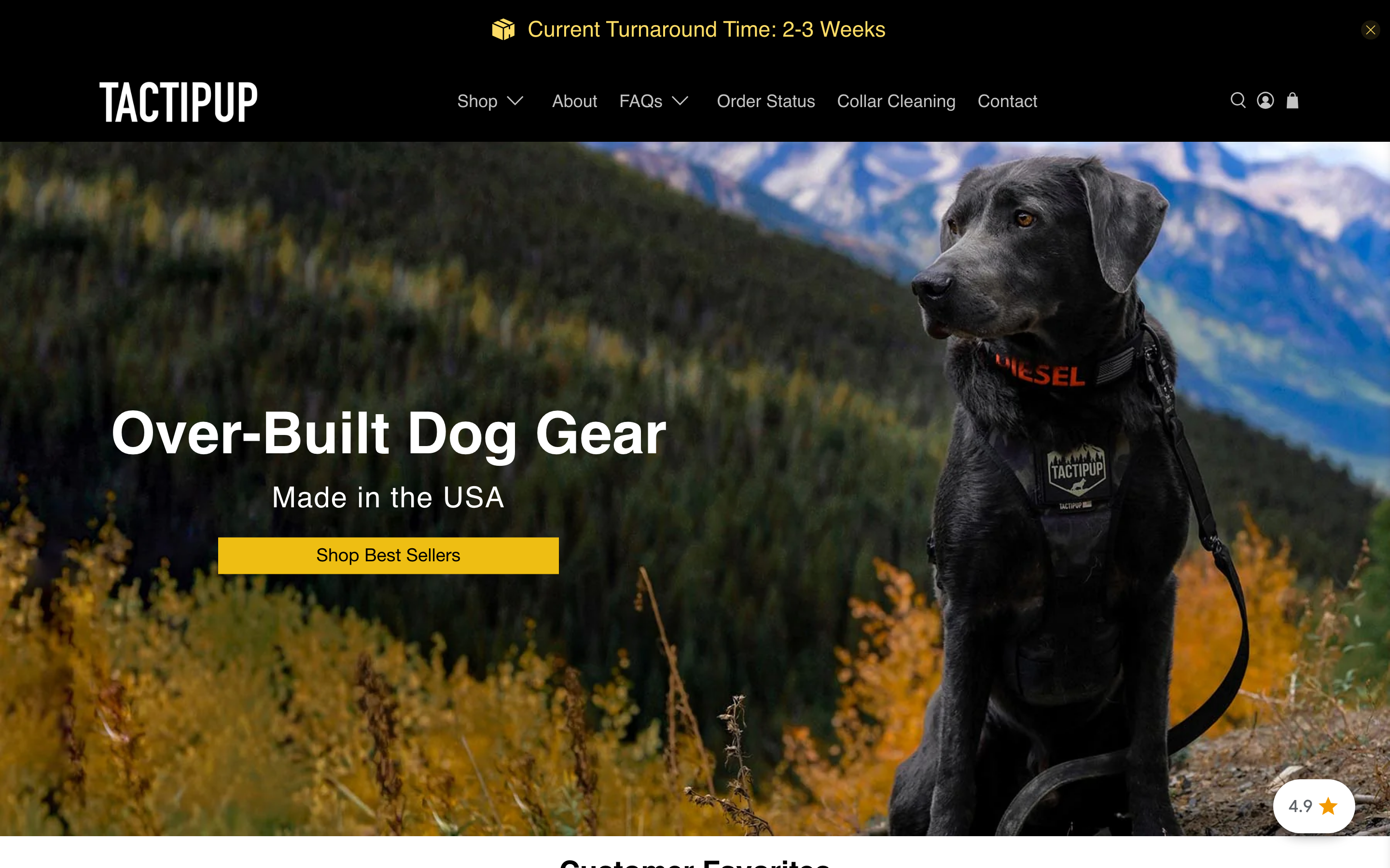 Tactipup homepage showing custom embroidered tactical dog collars & patches