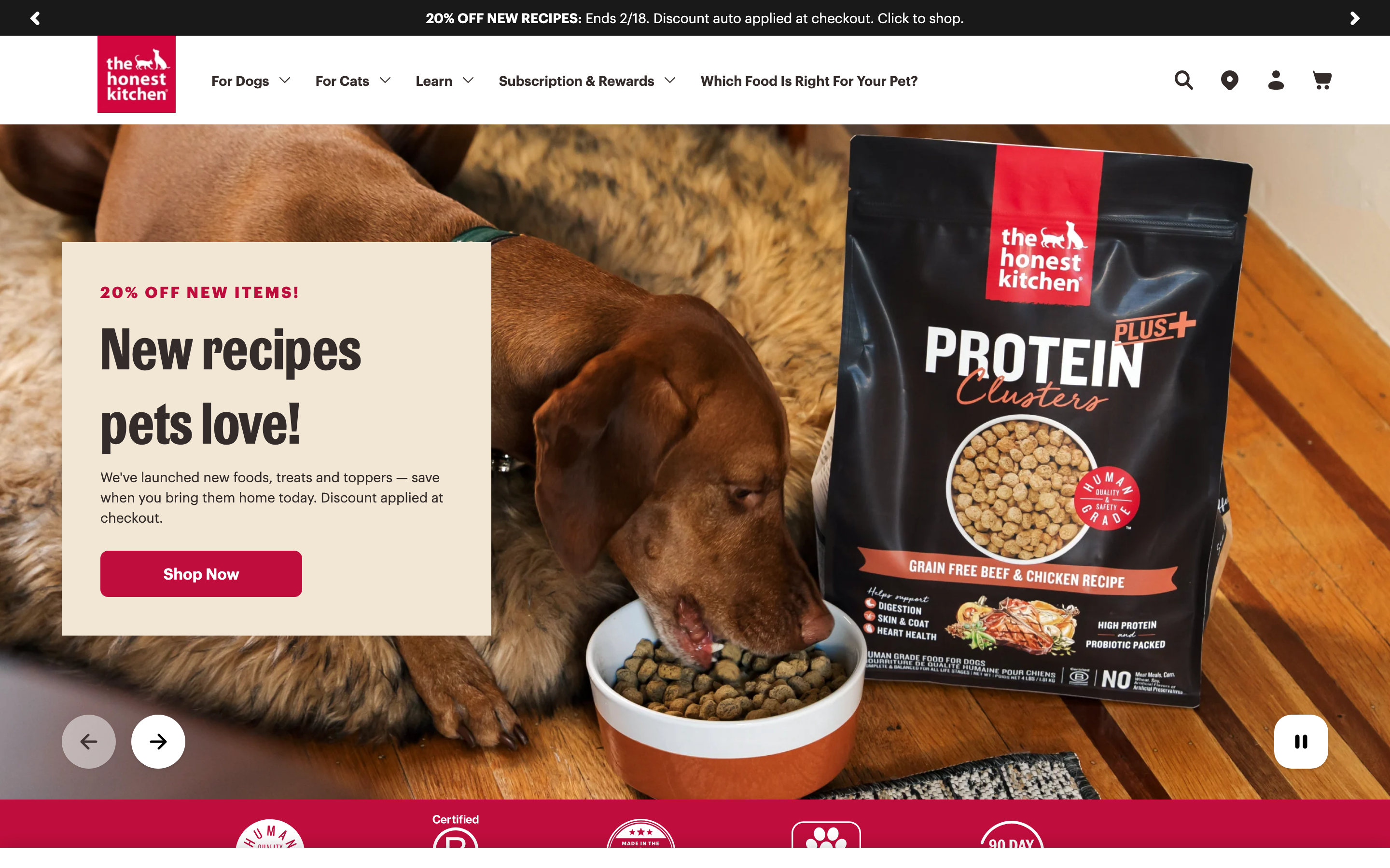 The Honest Kitchen homepage showing custom recipe finder for dog food
