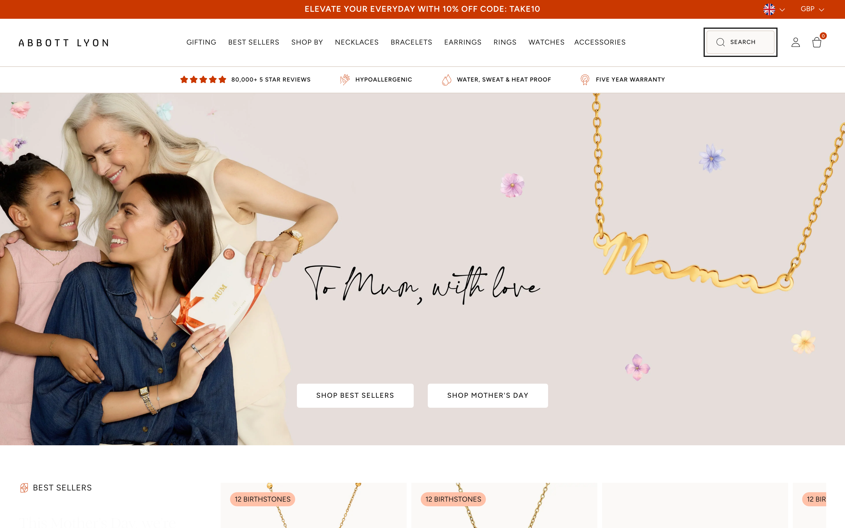Abbott Lyon homepage showing personalized jewelry