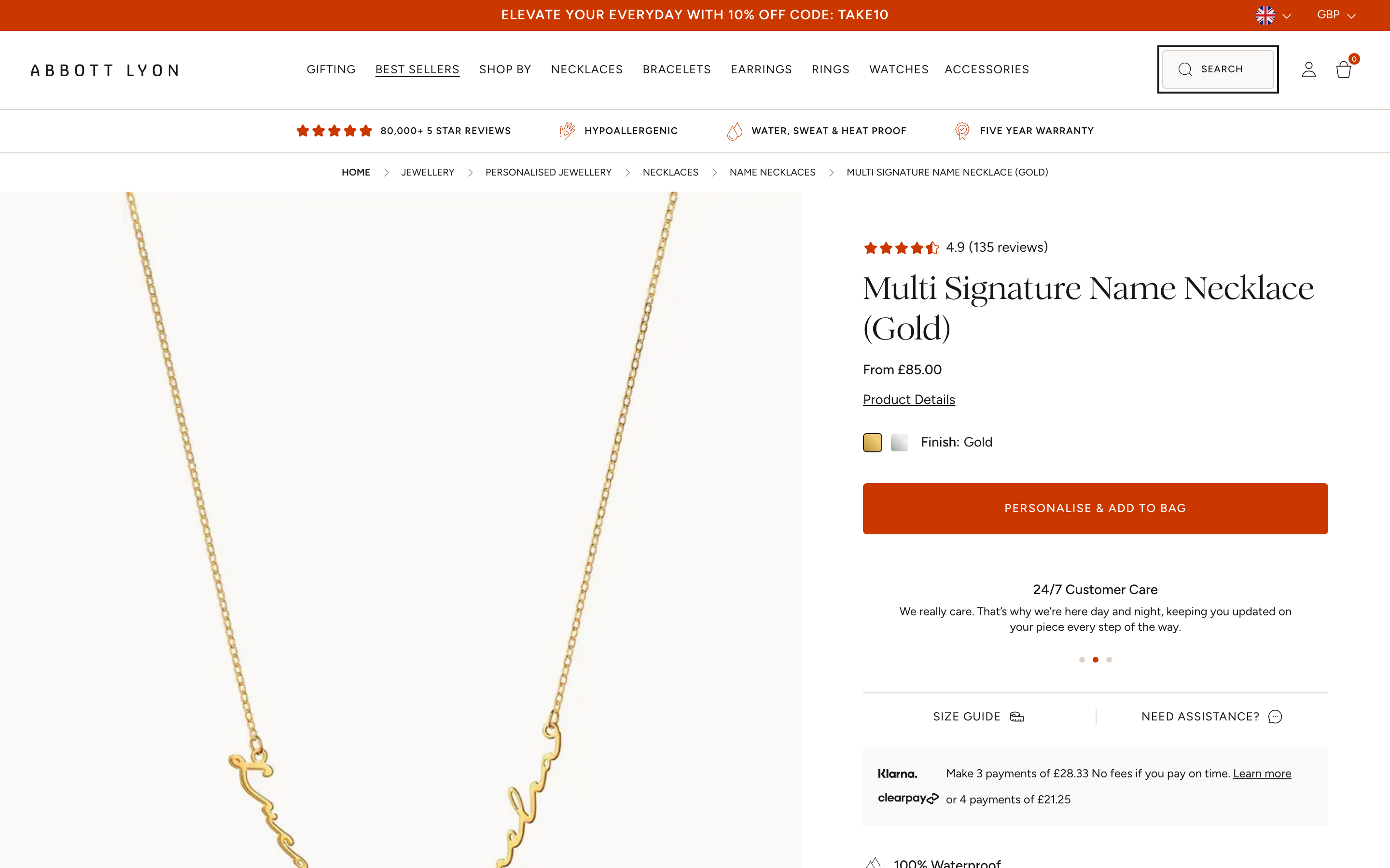 Abbott Lyon personalized necklace product page