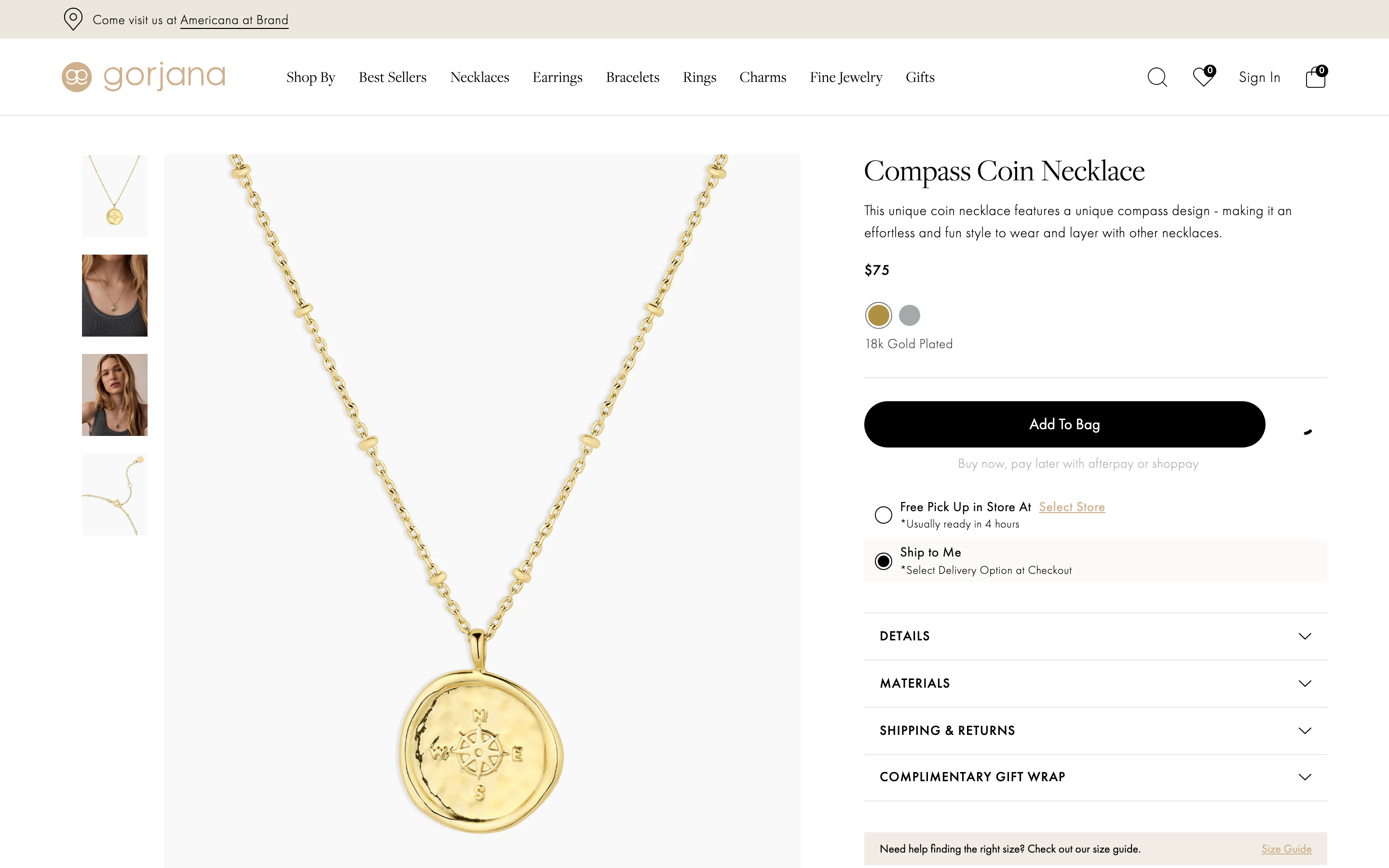 Gorjana initial necklace product page