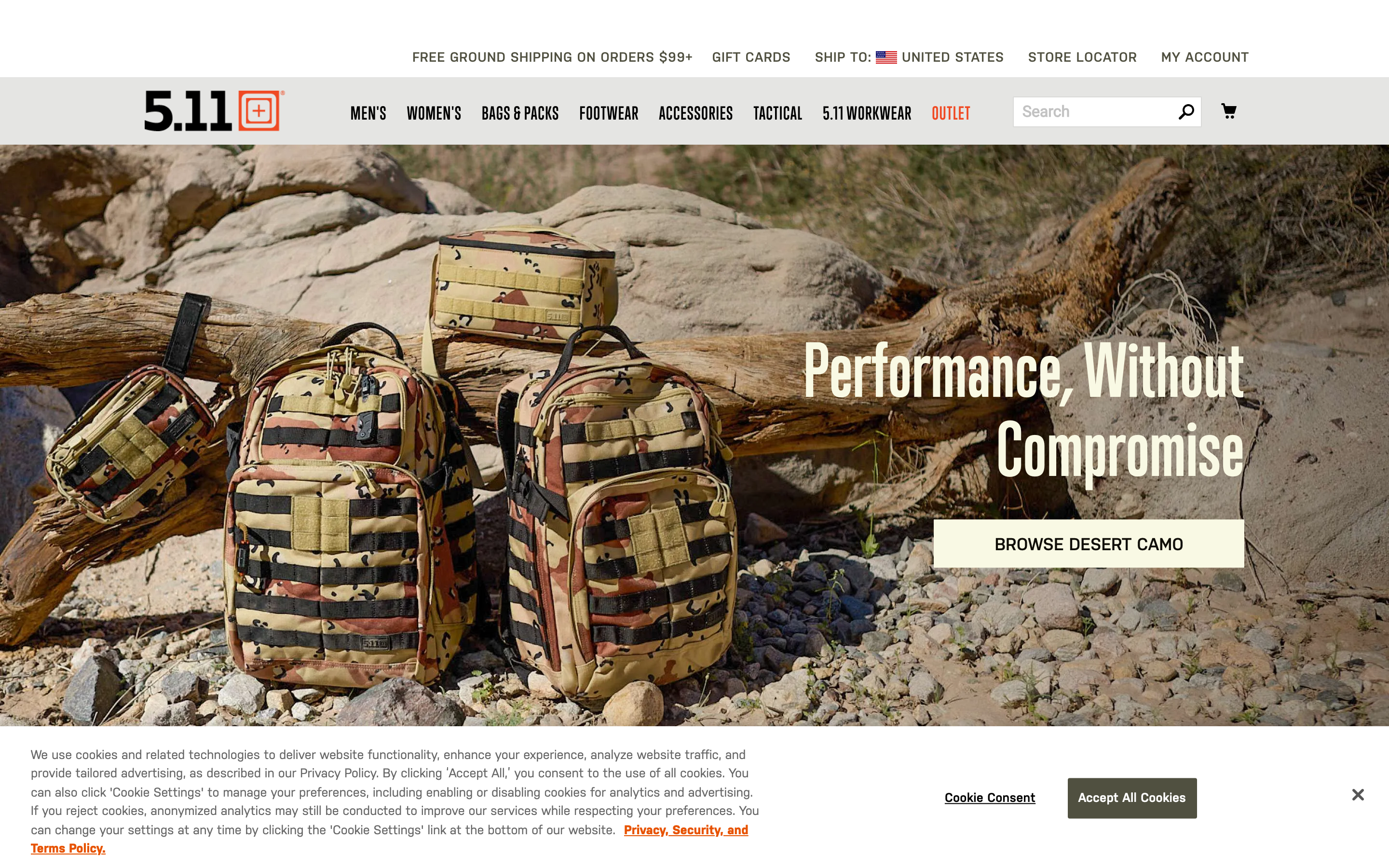 5 11 Tactical homepage screenshot showing custom patch offerings