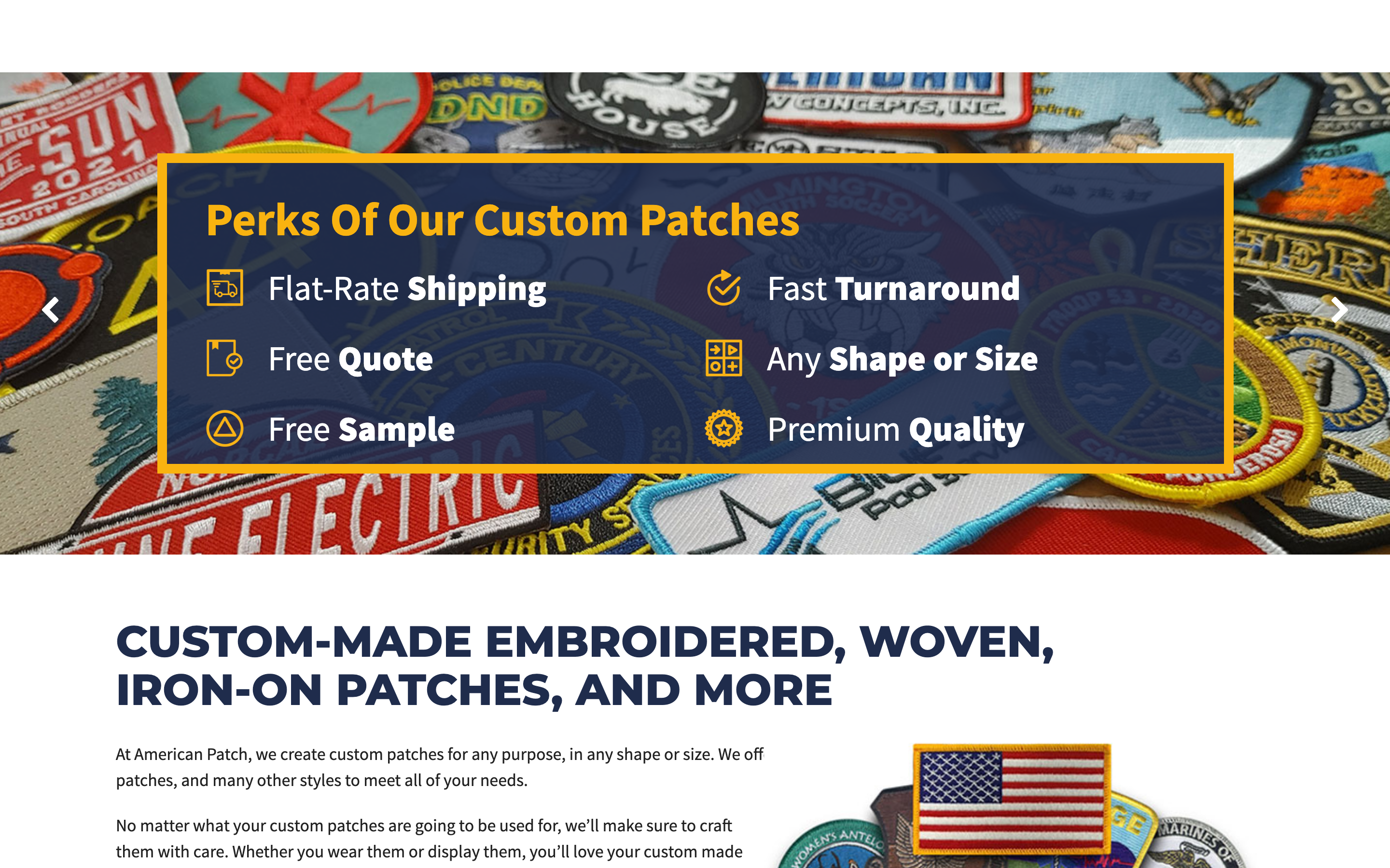 American Patch homepage screenshot showing custom patch offerings