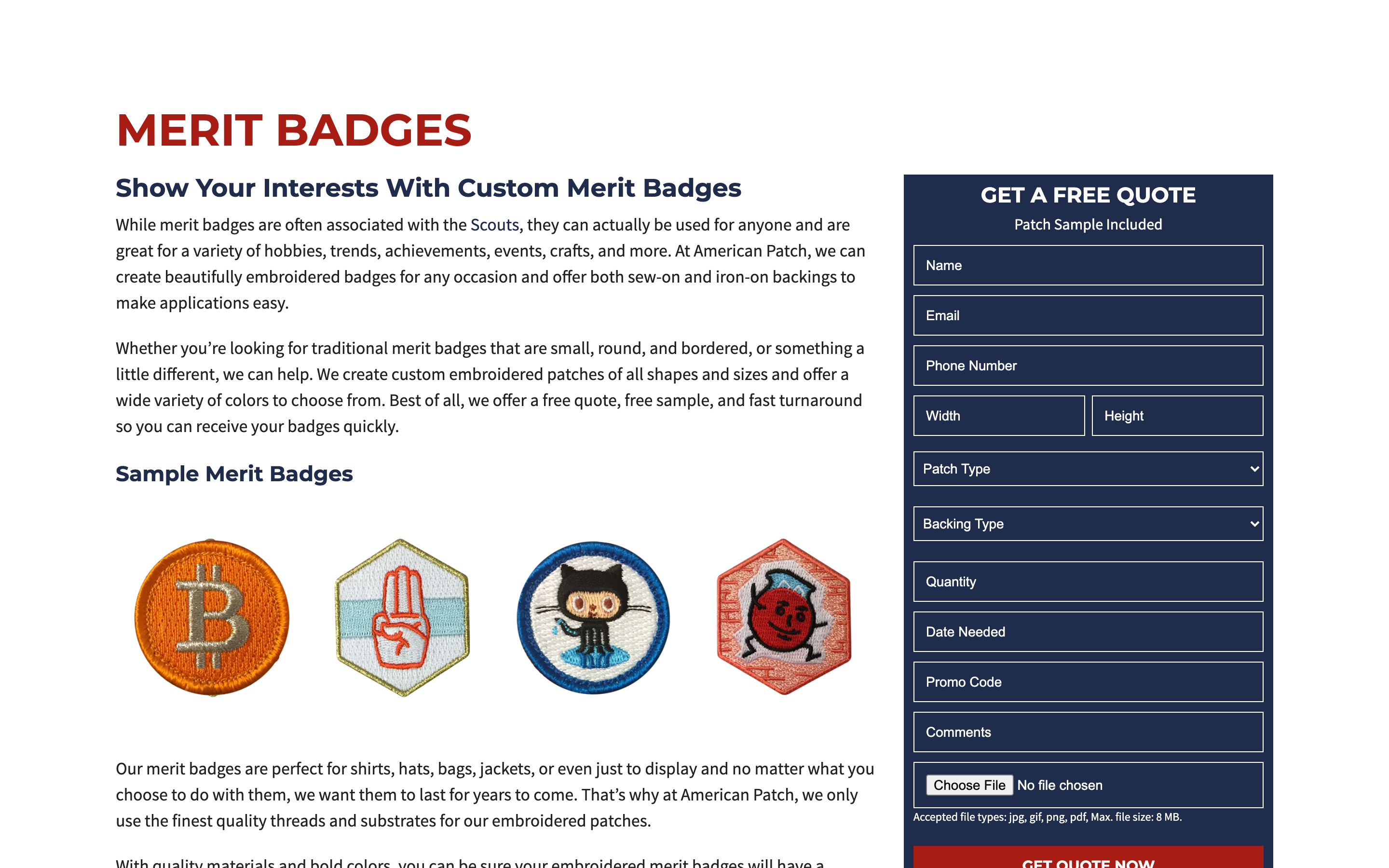 American Patch product page screenshot showing custom patch offerings