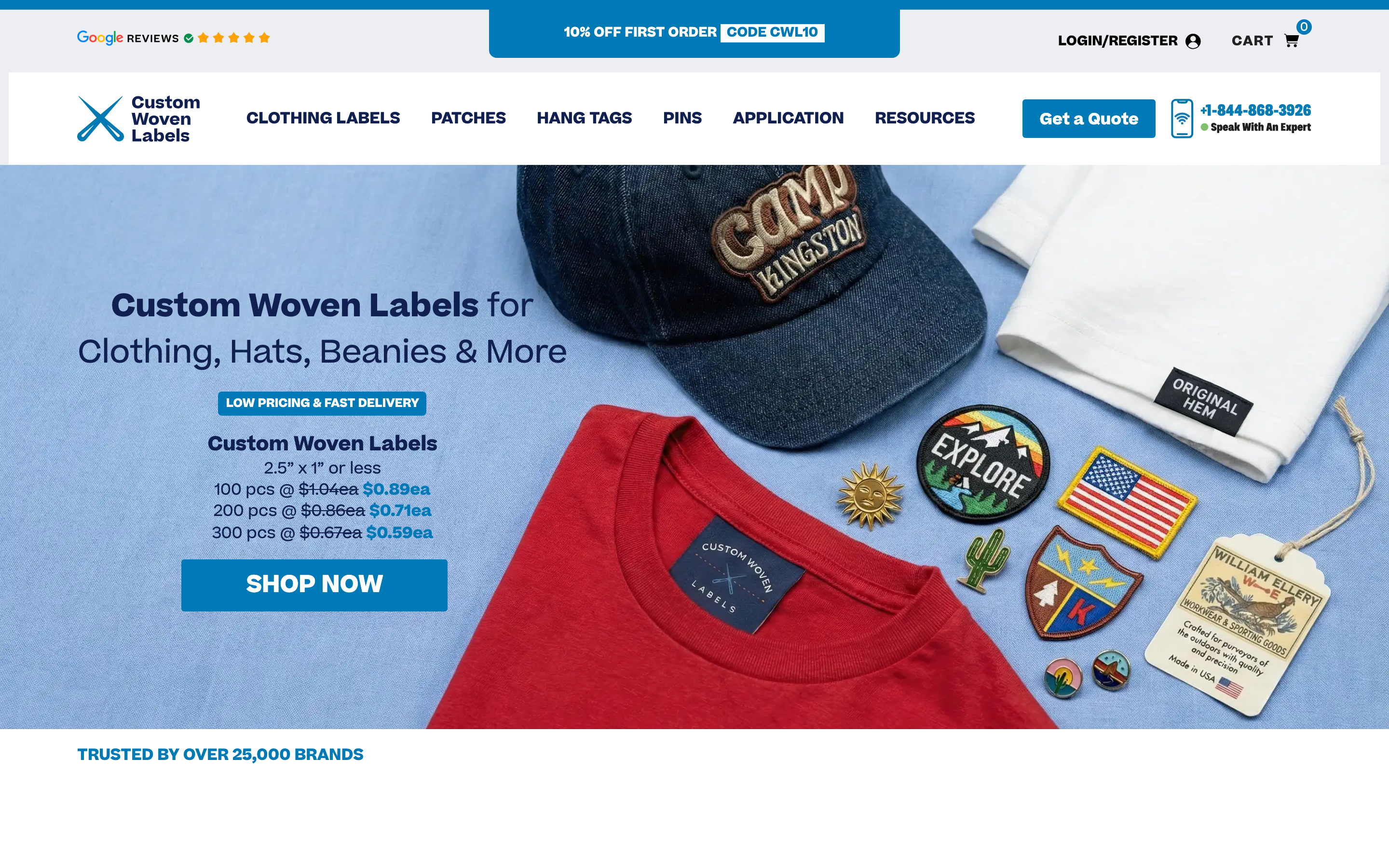 Custom Woven Labels homepage screenshot showing custom patch offerings