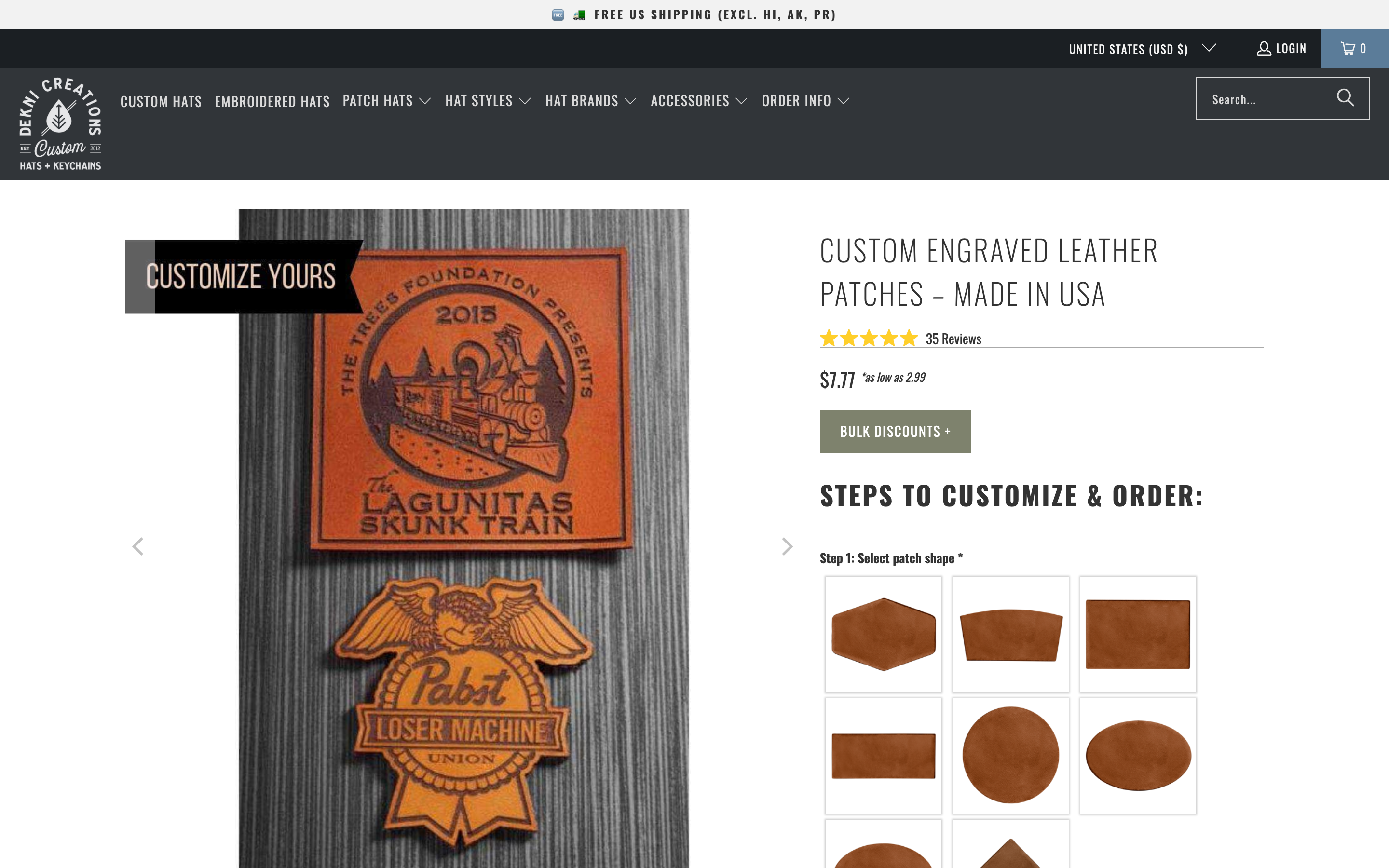Dekni Creations product page screenshot showing custom patch offerings
