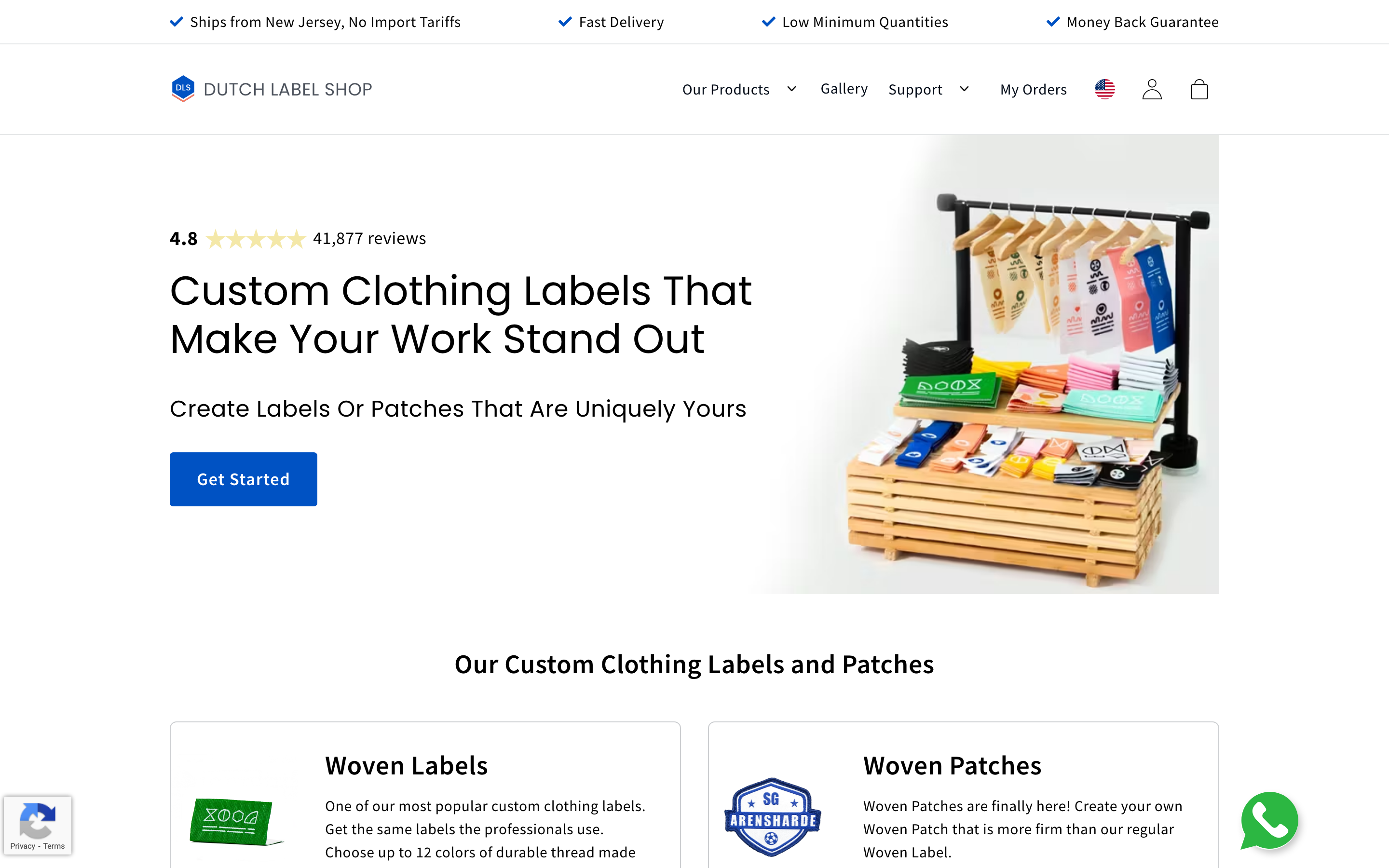 Dutch Label Shop homepage screenshot showing custom patch offerings