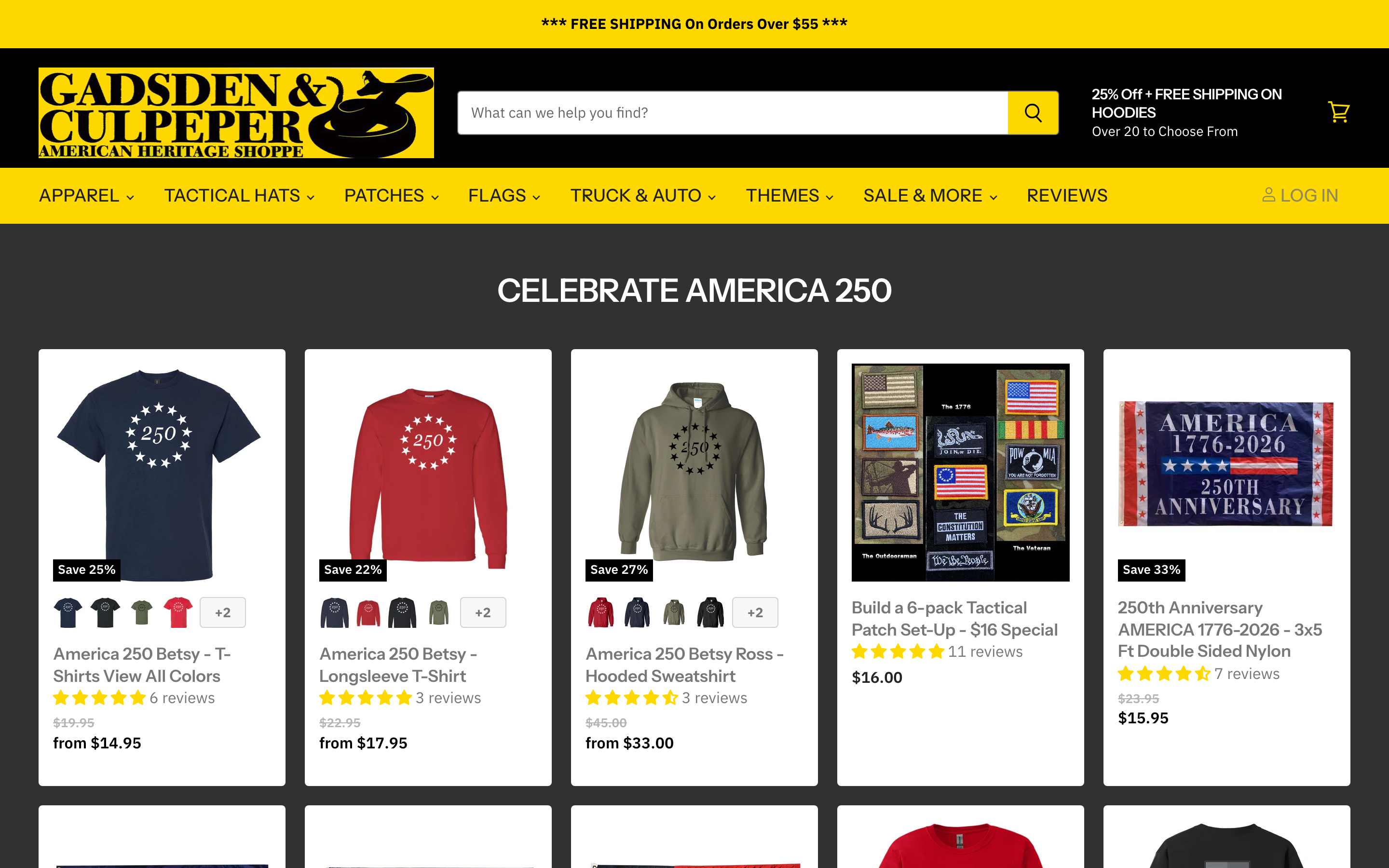 Gadsden And Culpeper homepage screenshot showing custom patch offerings